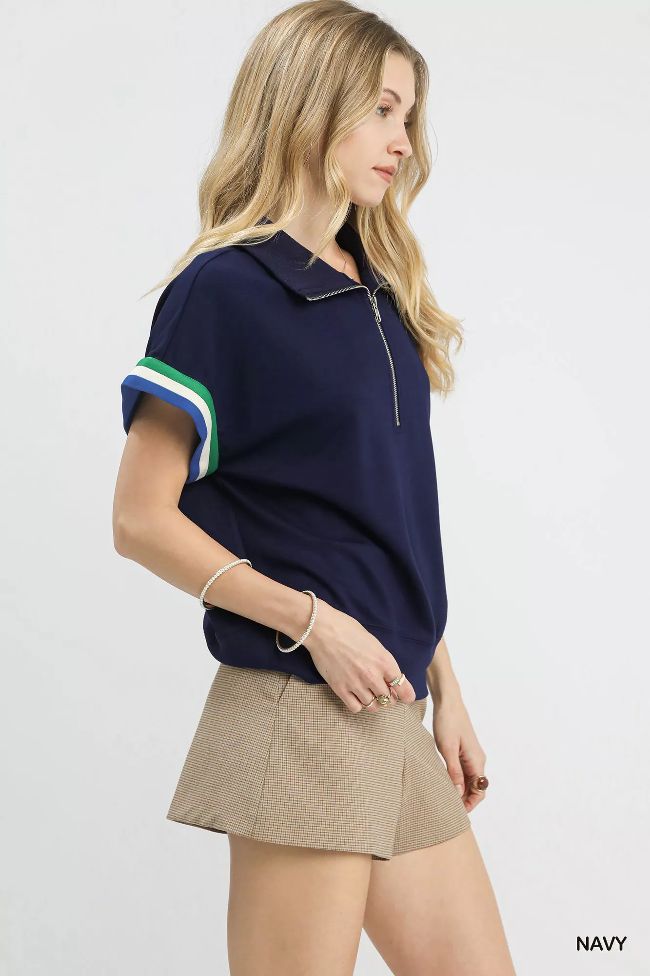 Umgee Zip Front Casual Top with Contrast Stripe Trim - Image 3