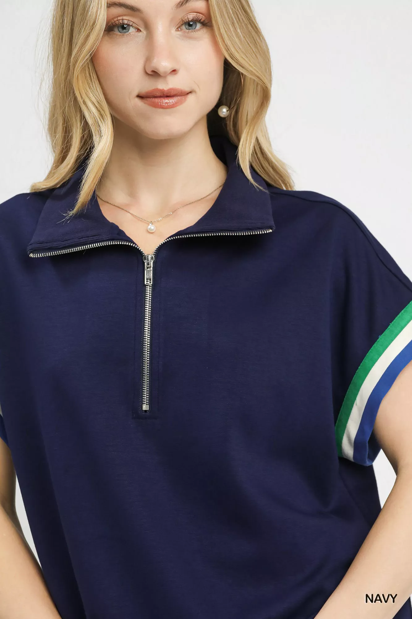 Umgee Zip Front Casual Top with Contrast Stripe Trim - Image 4