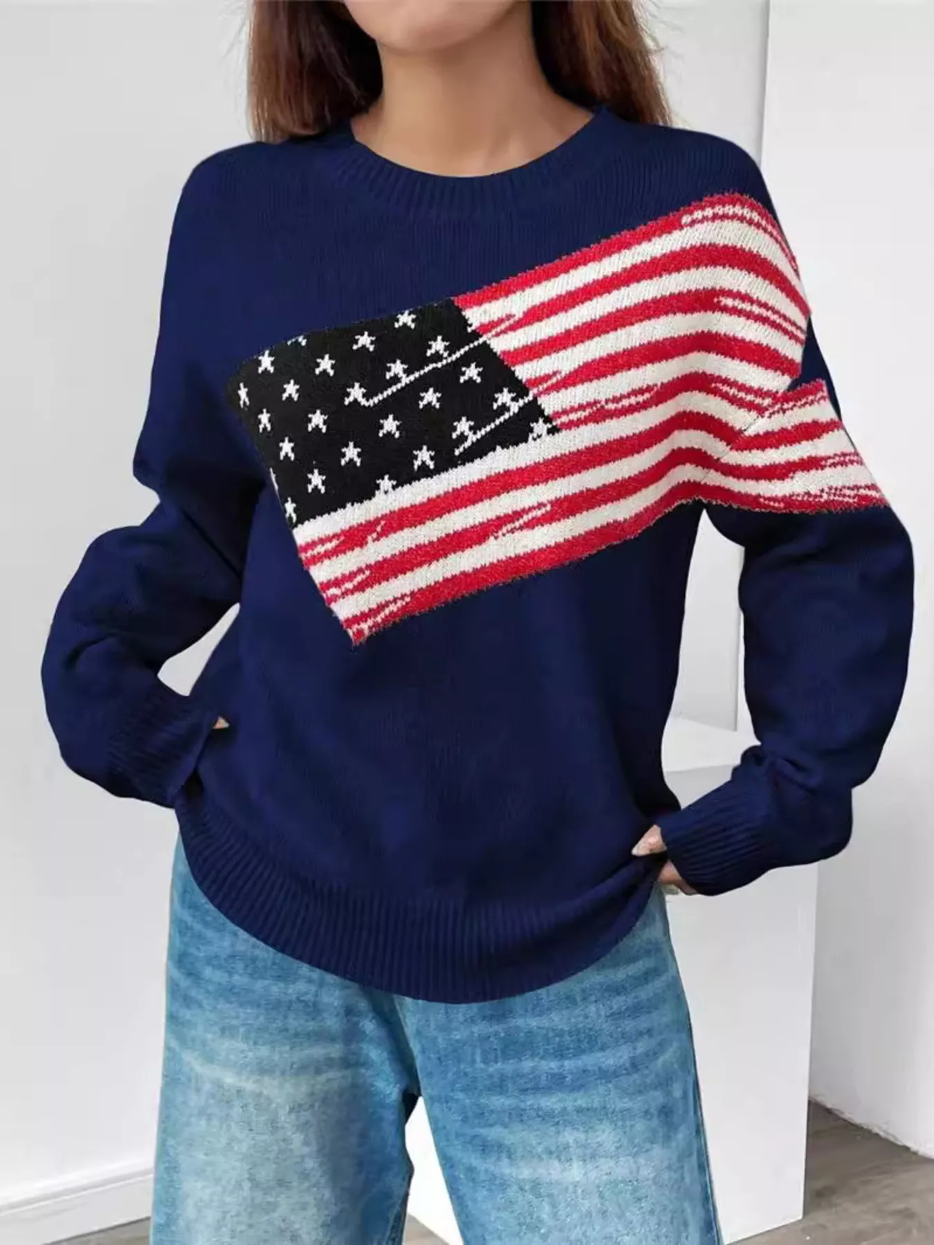 US Flag Round Neck Long Sleeve Sweater - Image 10