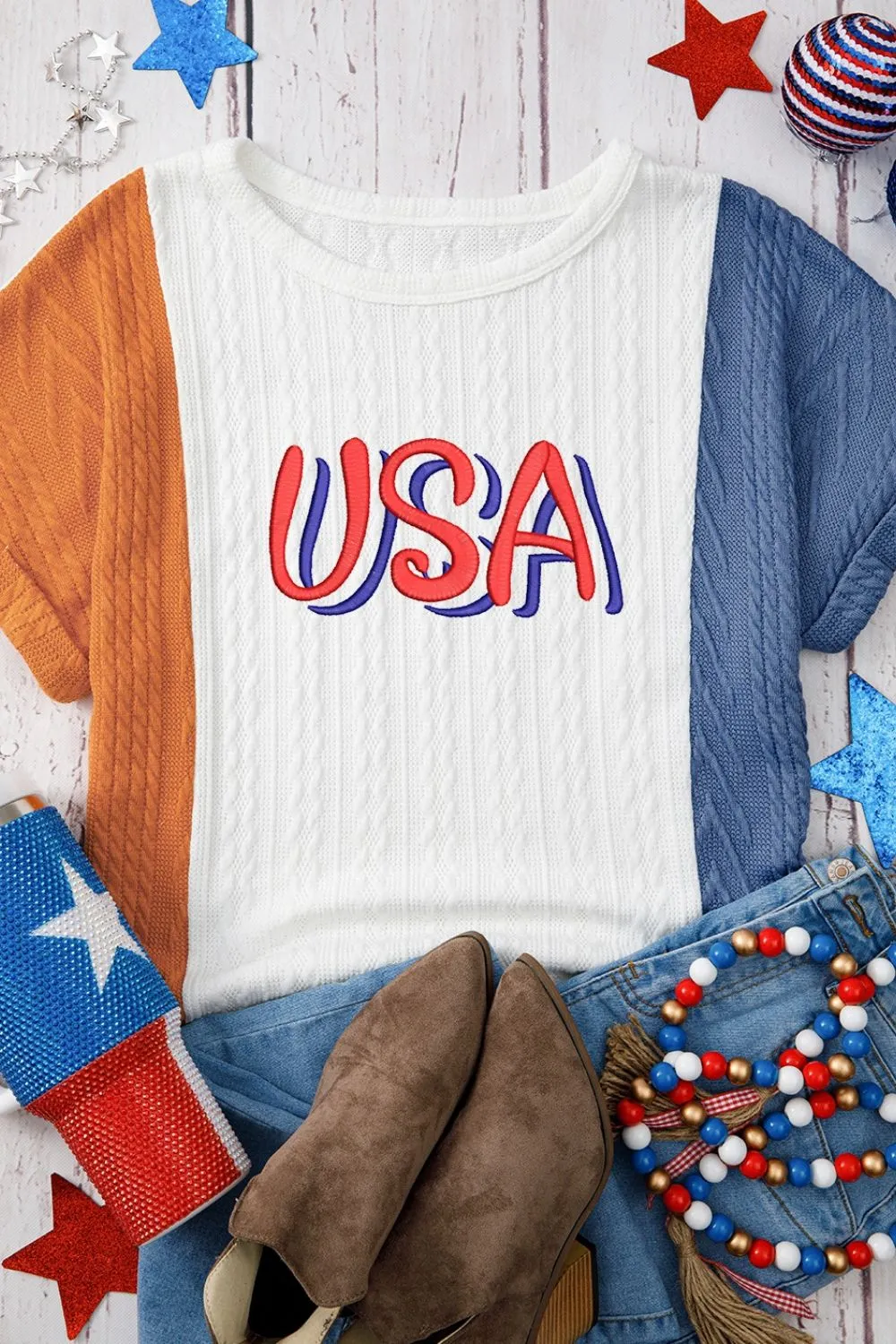 USA Embroidered Cable Textured Knit Cuffed Sleeve Color Block Tee - Image 3