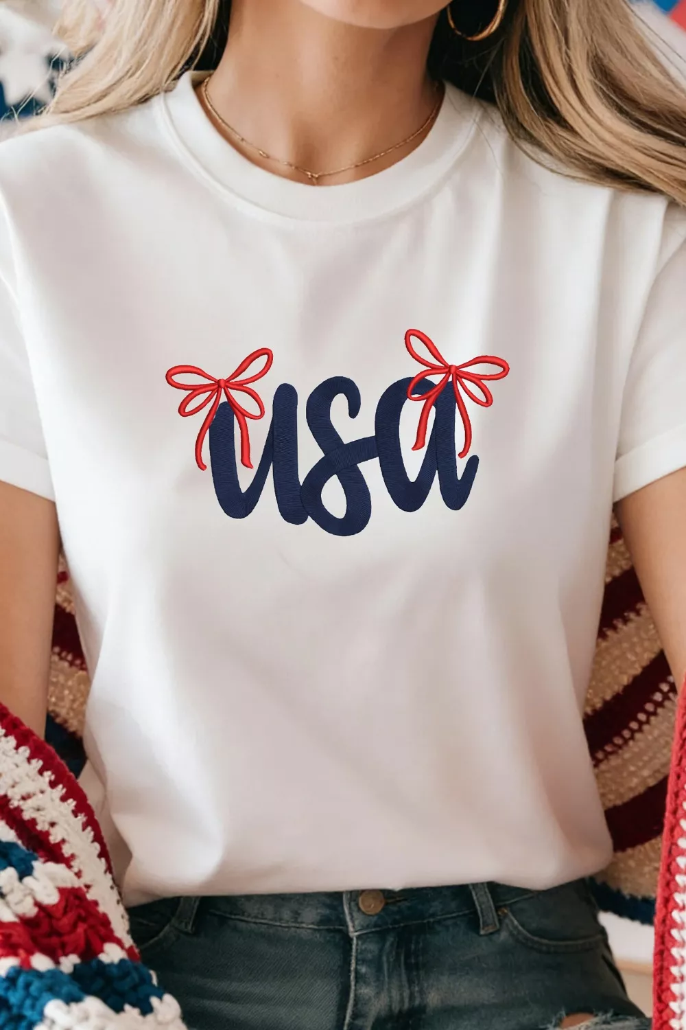 USA Lettering Bow Embroidered T Shirt - Image 3
