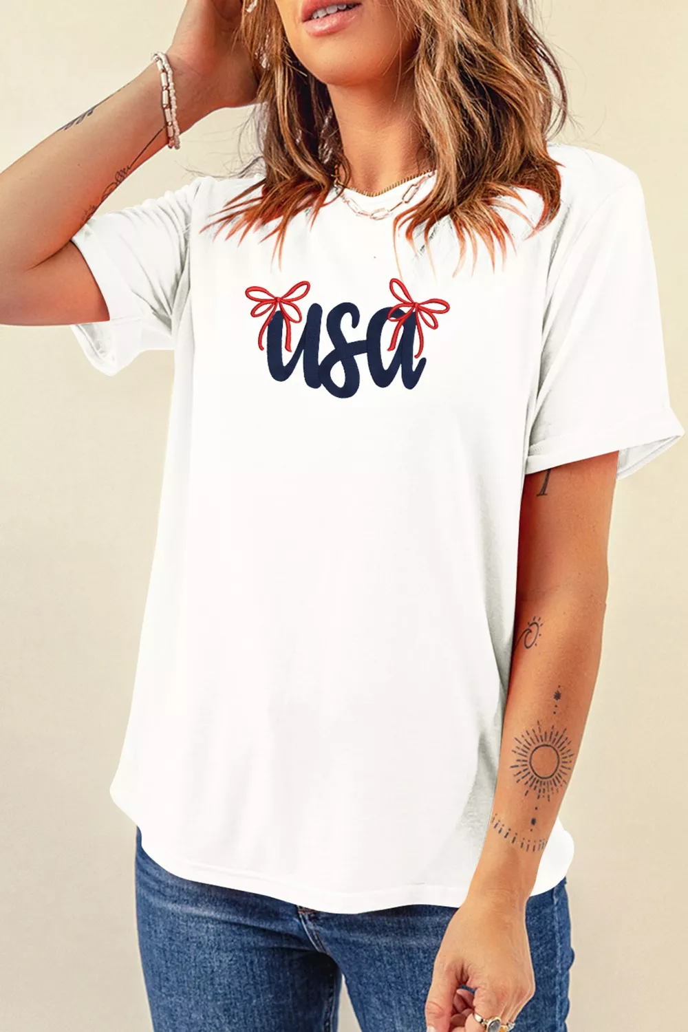 USA Lettering Bow Embroidered T Shirt - Image 5
