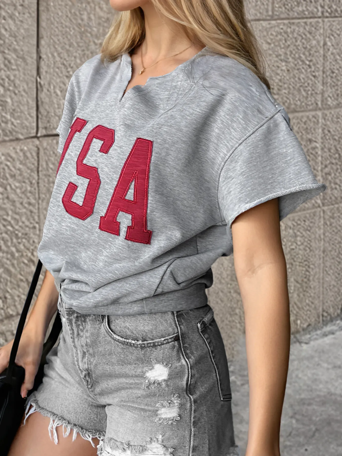 USA Lettering Patch Notched Neck T-Shirt - Image 7