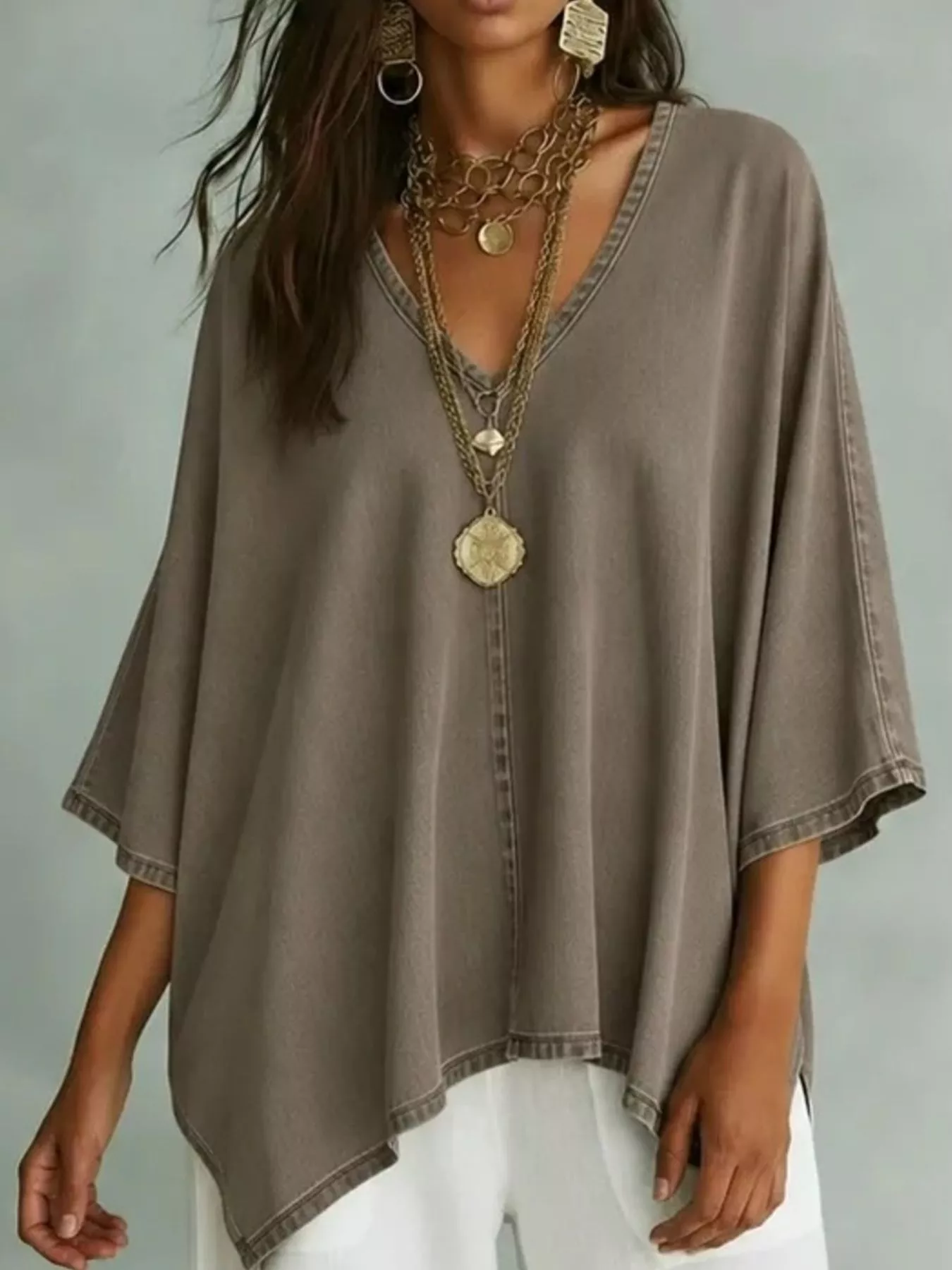 V-Neck Batwing Sleeve T-Shirt - Image 11