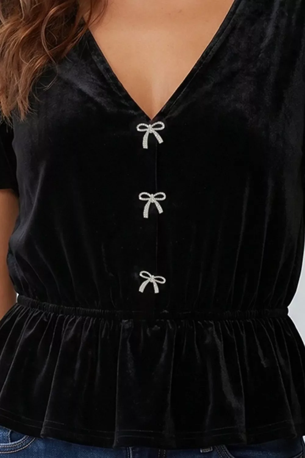 V Neck Bow Decoration Peplum Hem Shift Silhouette Short Sleeve Blouse - Image 2
