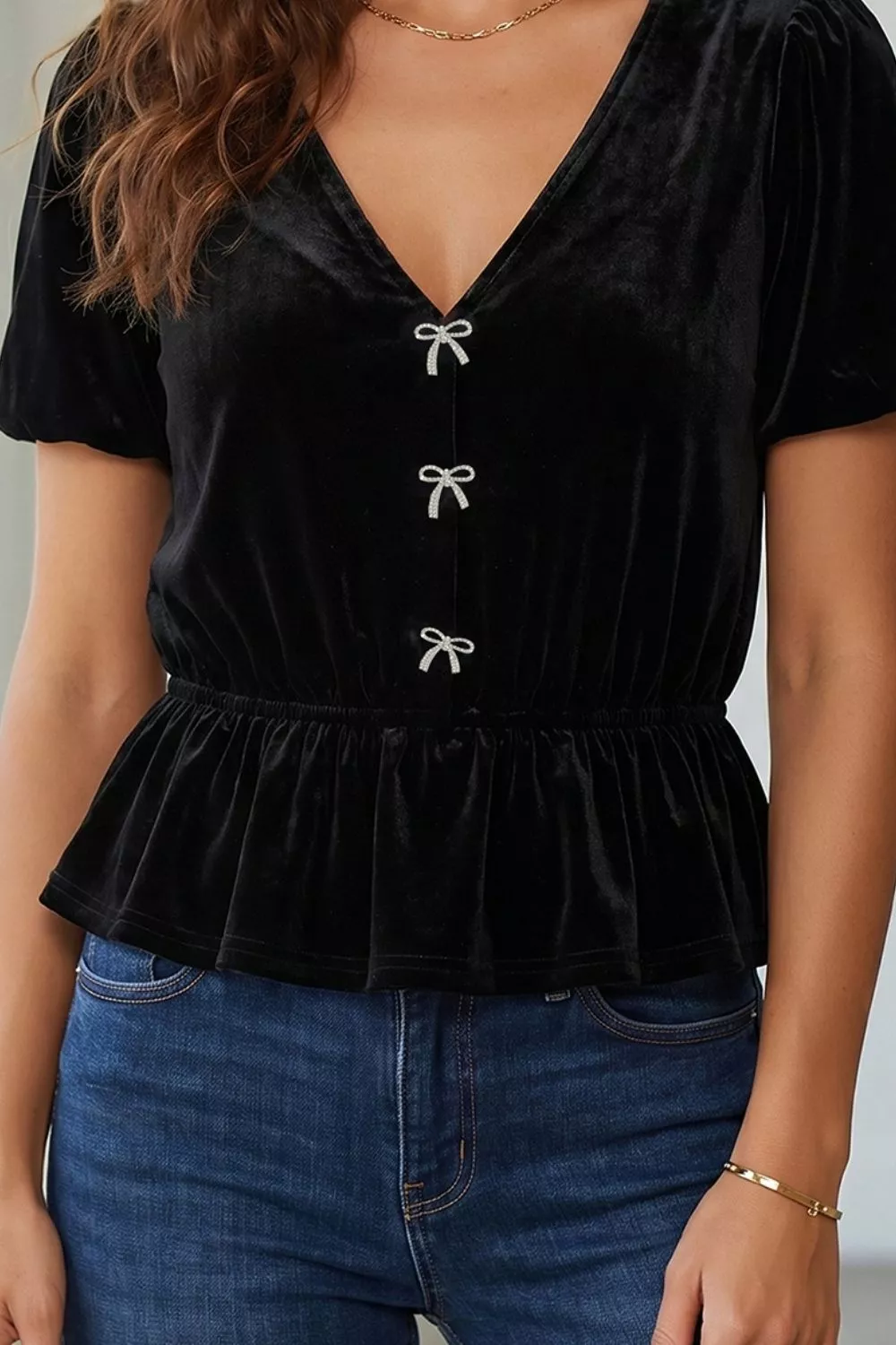 V Neck Bow Decoration Peplum Hem Shift Silhouette Short Sleeve Blouse - Image 3