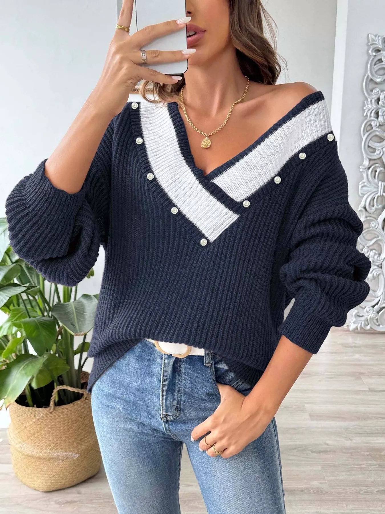V-Neck Button-Decorated Sweater - Image 13