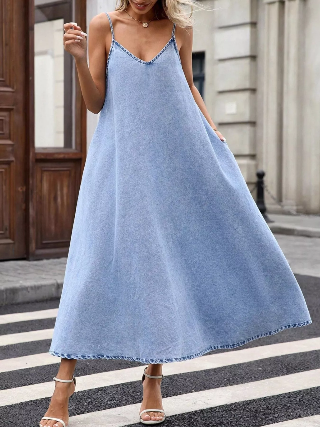 V-Neck Denim Cami Dress - Image 3