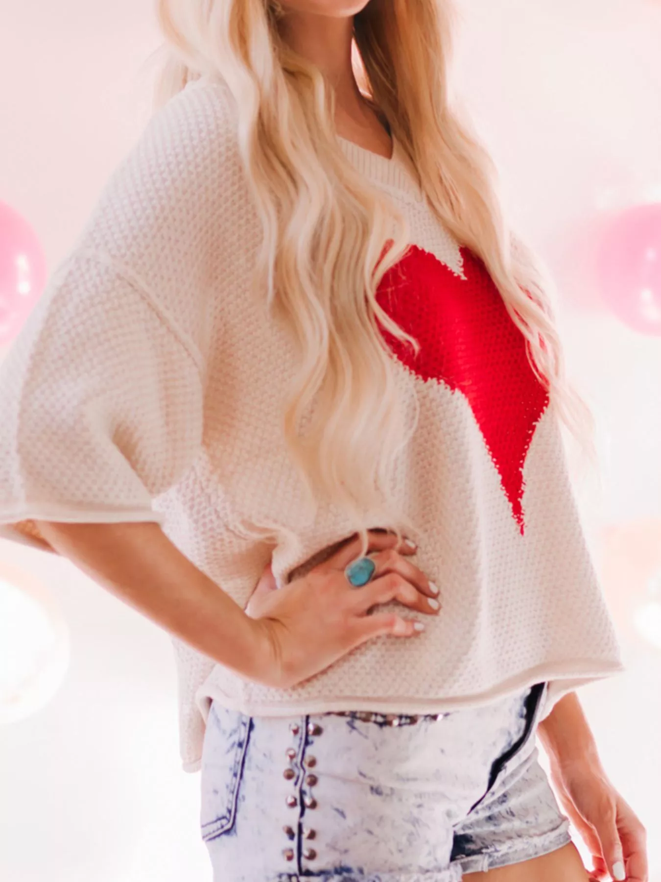 V-Neck Dropped Sleeve Heart Print Valentines Sweater - Image 4