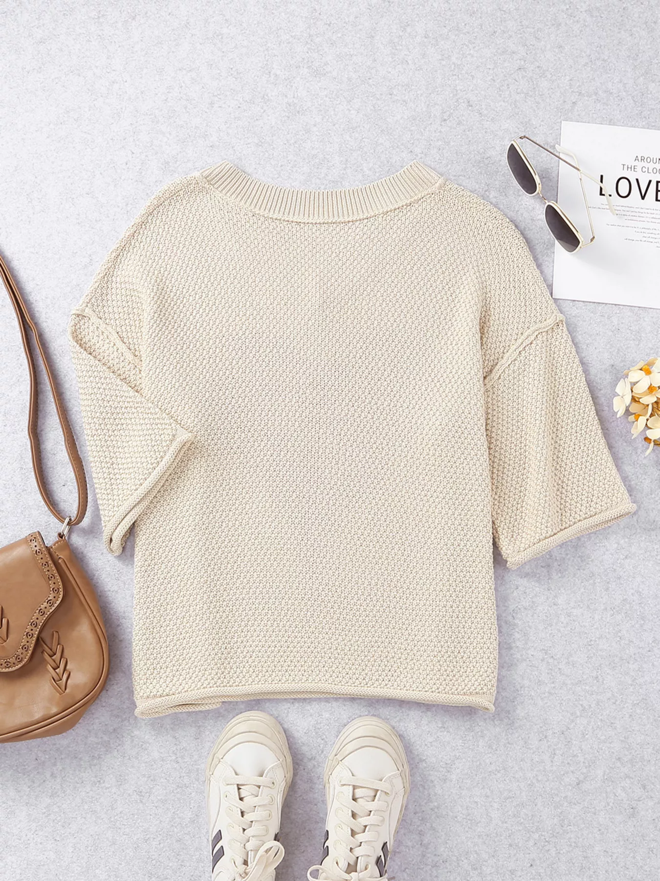 V-Neck Dropped Sleeve Heart Print Valentines Sweater - Image 7