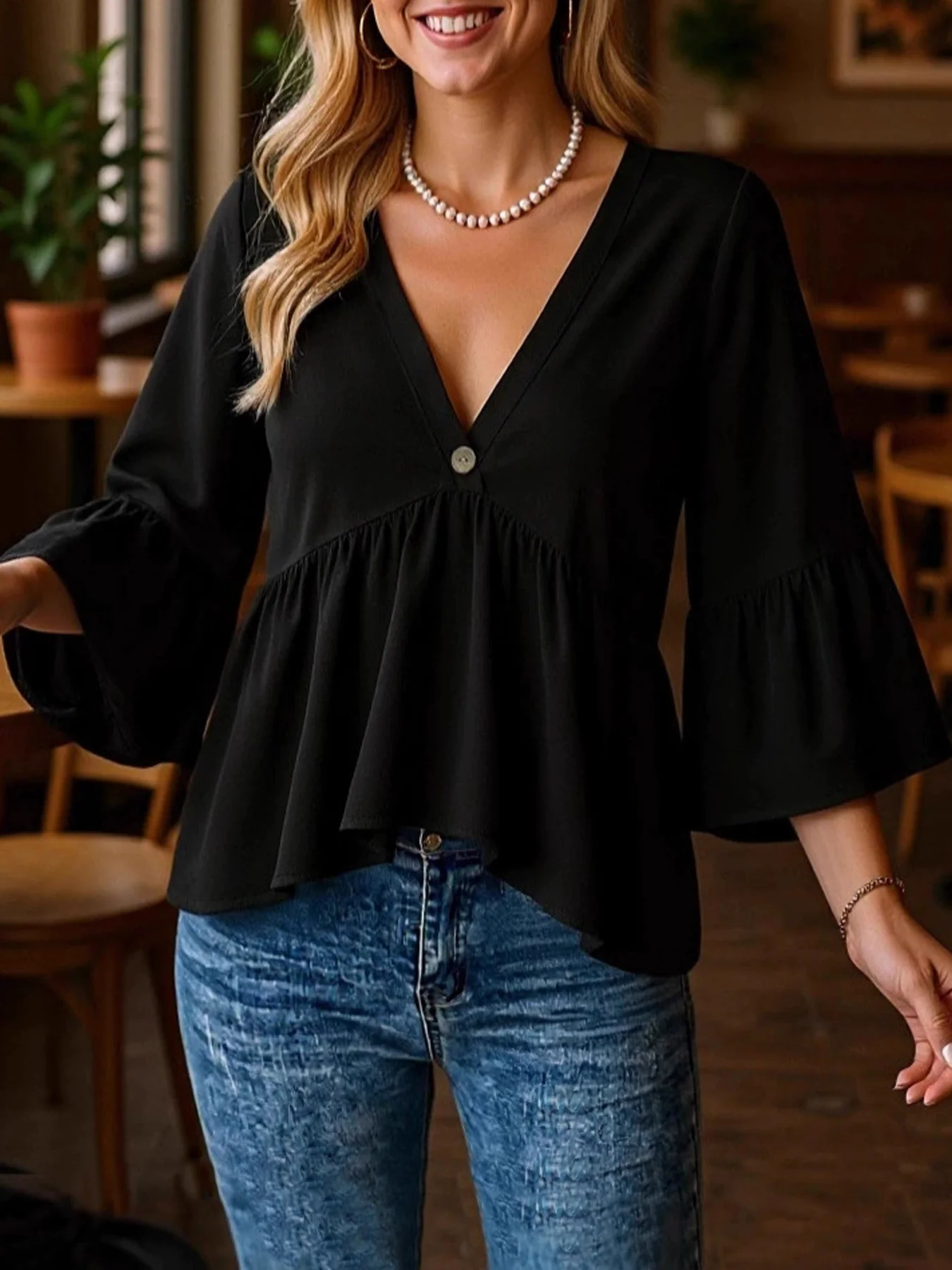 V-Neck Flounce Sleeve Blouse - Image 4