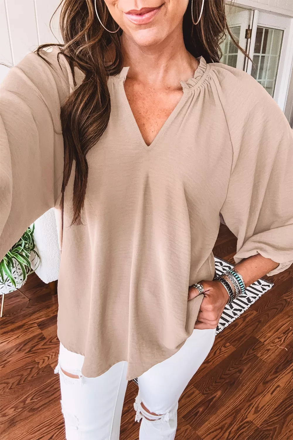 V Neck Gathered Cuff Three Quarter Sleeve Blouse - Image 3