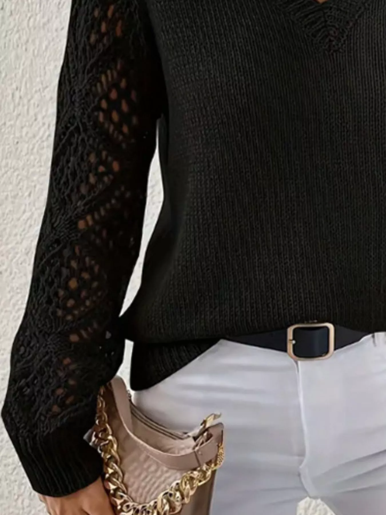 V-Neck Hollow-Out Sleeve Knit Sweater - Image 8