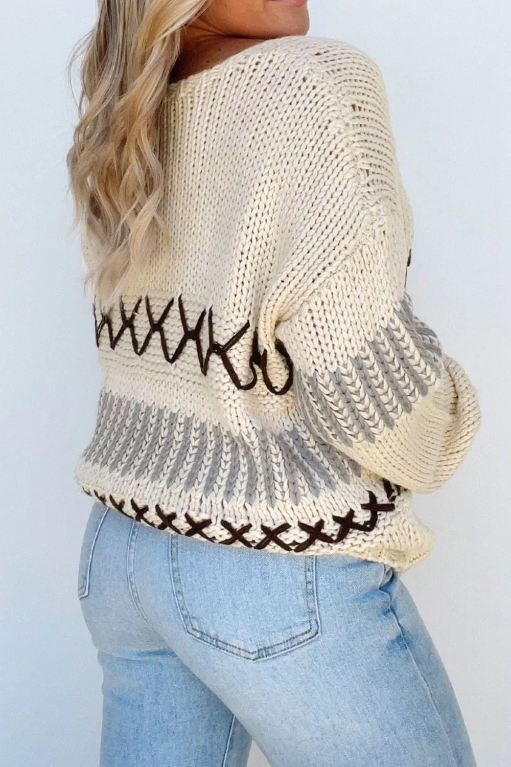 V-Neck Knit Long Sleeve Sweater - Image 3
