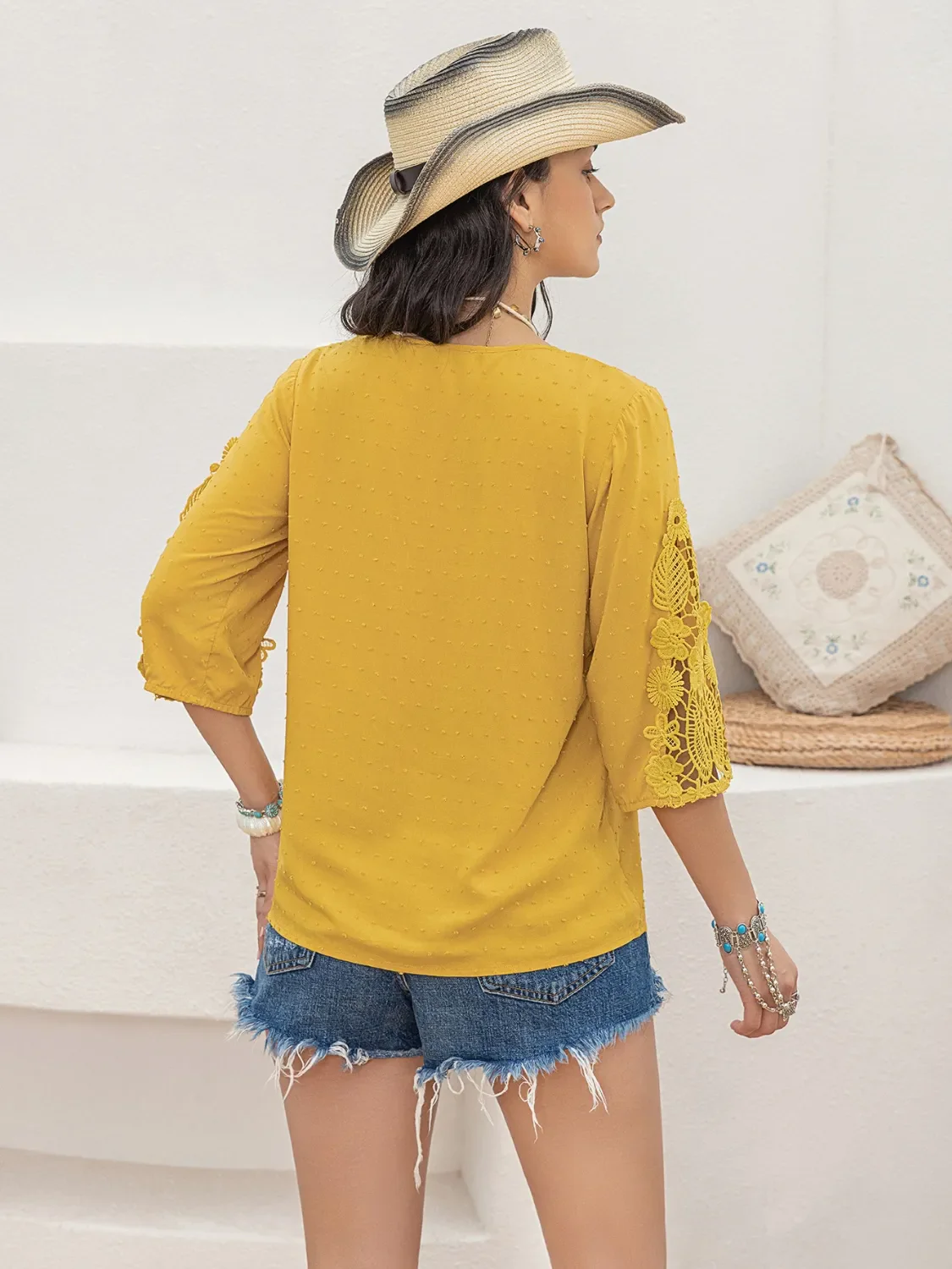 V-Neck Lace Three-Quarter Sleeve Top - Image 5