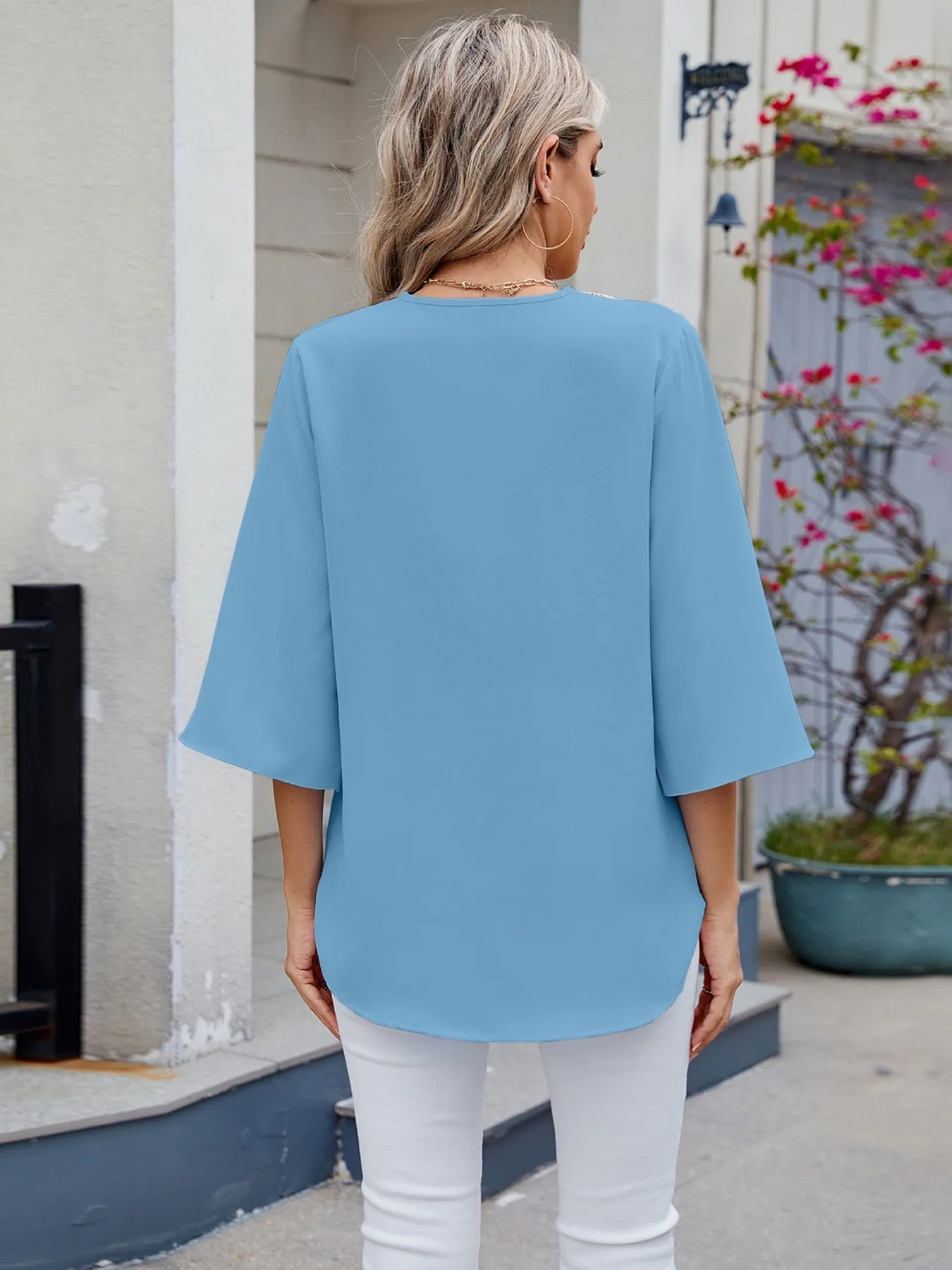 V-Neck Lace Trim Blouse - Image 14
