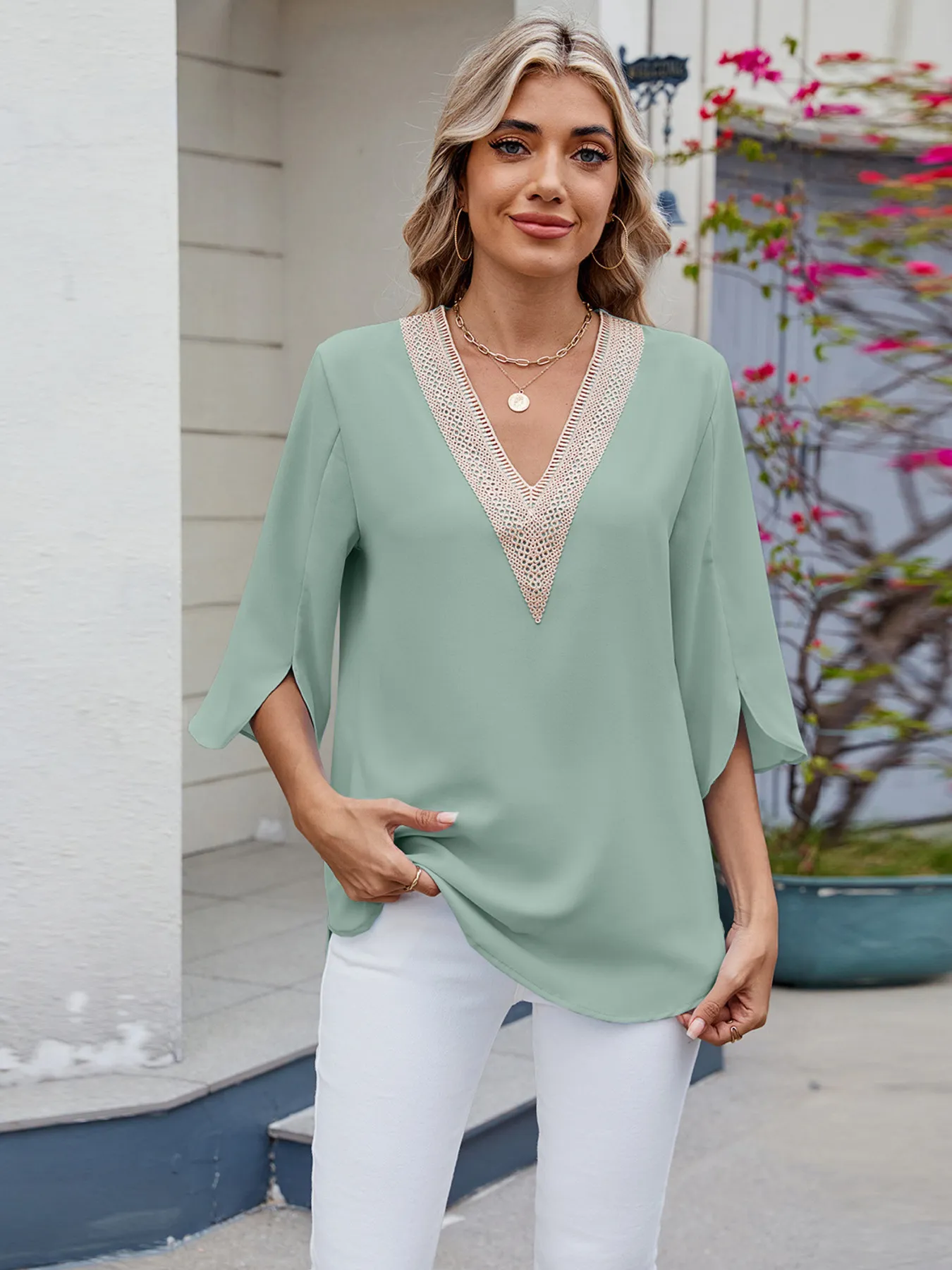 V-Neck Lace Trim Blouse - Image 17