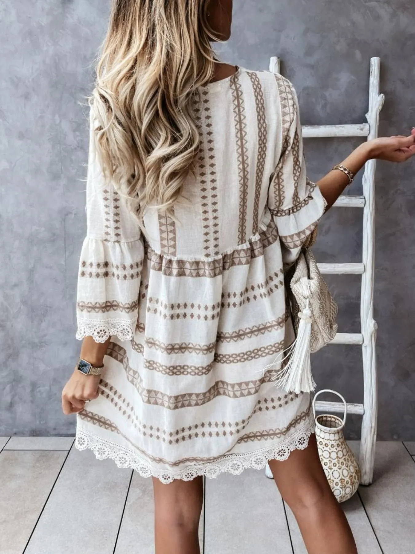 V-Neck Lace Trim Striped Babydoll Dress - Image 10