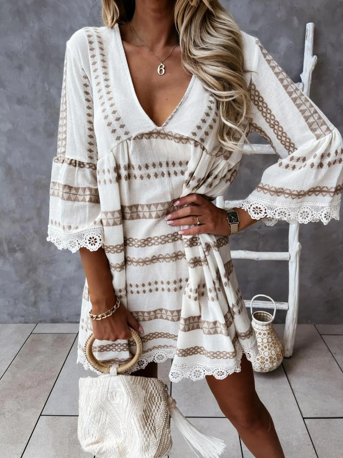 V-Neck Lace Trim Striped Babydoll Dress - Image 8
