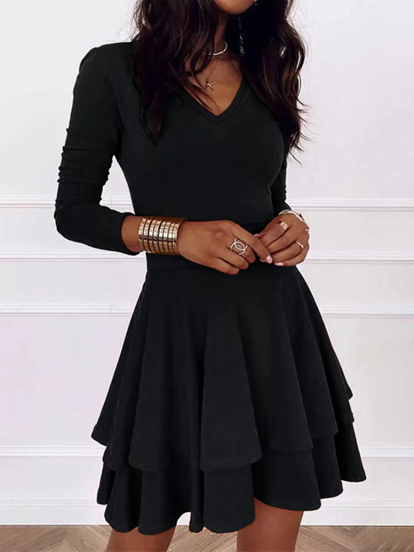 V-Neck Layered Ruffle Mini Dress - Image 30