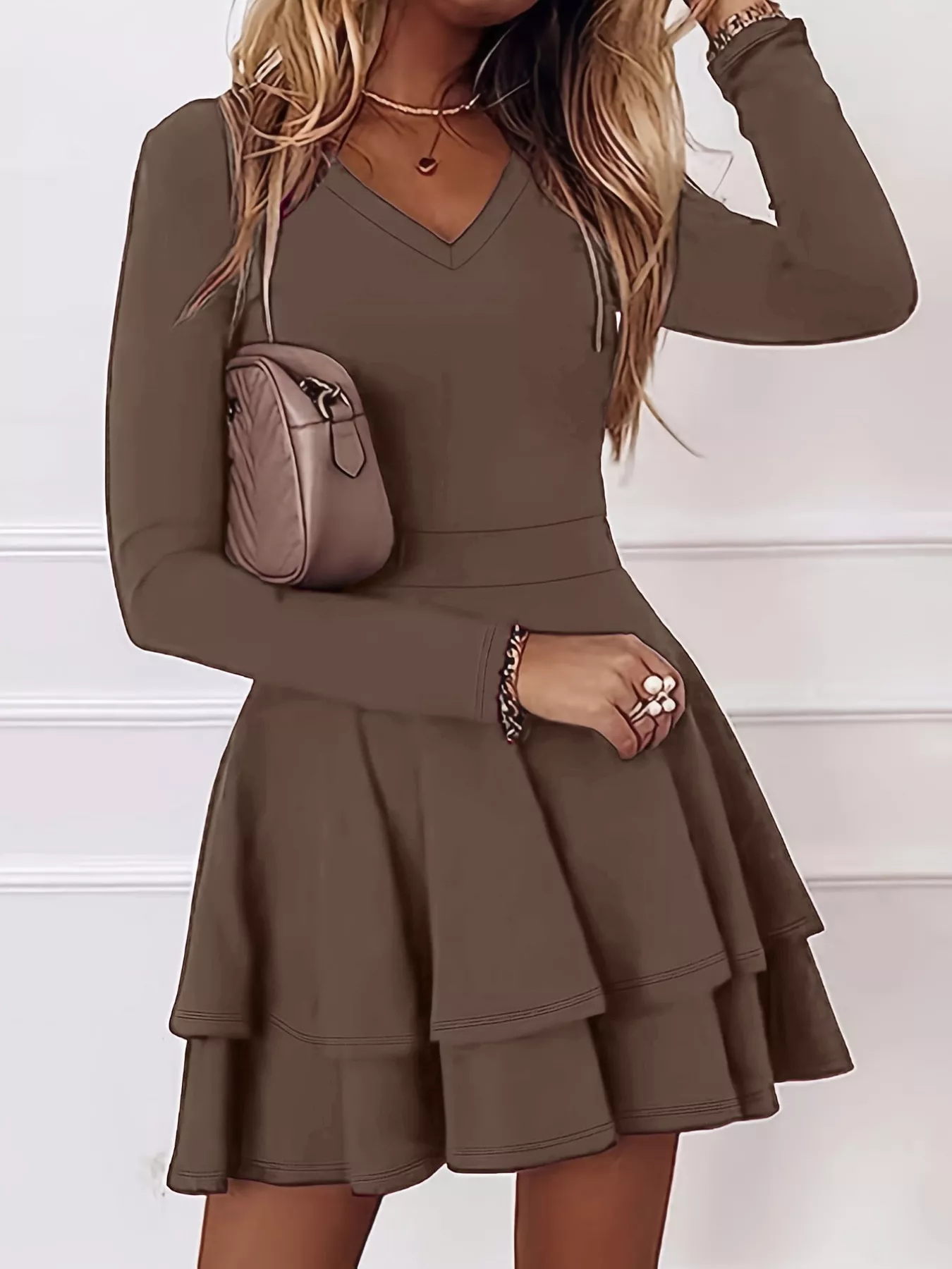 V-Neck Layered Ruffle Mini Dress - Image 7