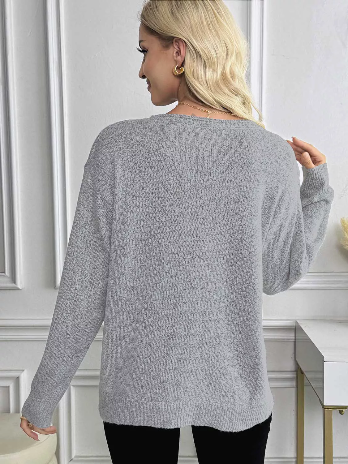 V-Neck Long Sleeve Knit Top - Image 14