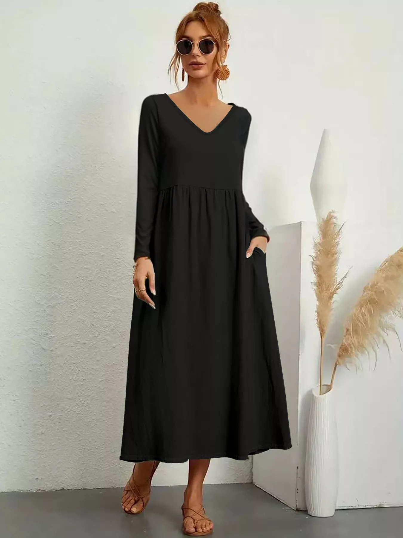 V-Neck Long Sleeve Pocketed Midi Dress - Image 2