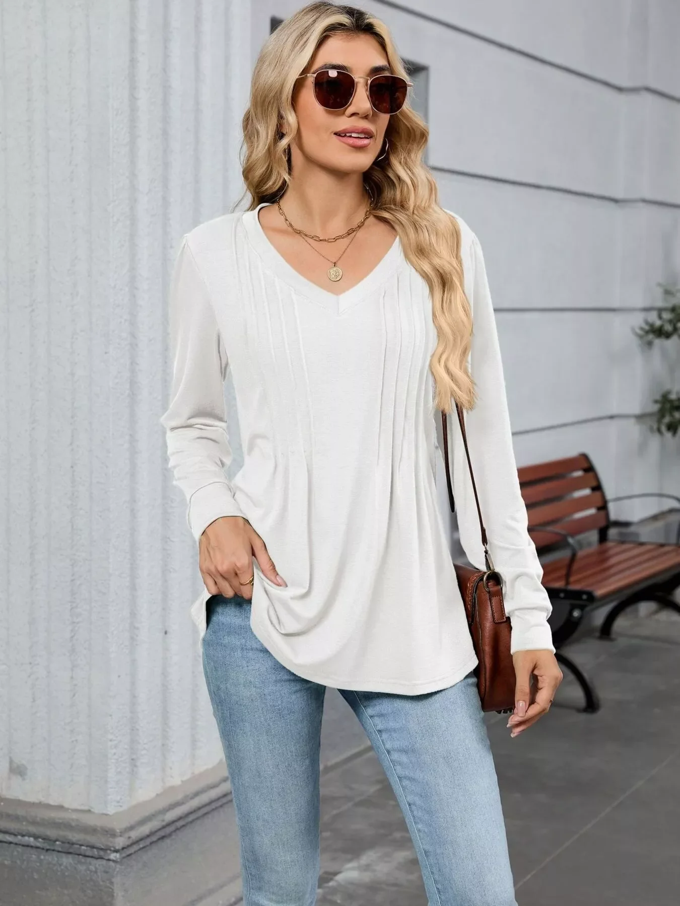 V-Neck Long Sleeve Relaxed Fit T-Shirt - Image 3
