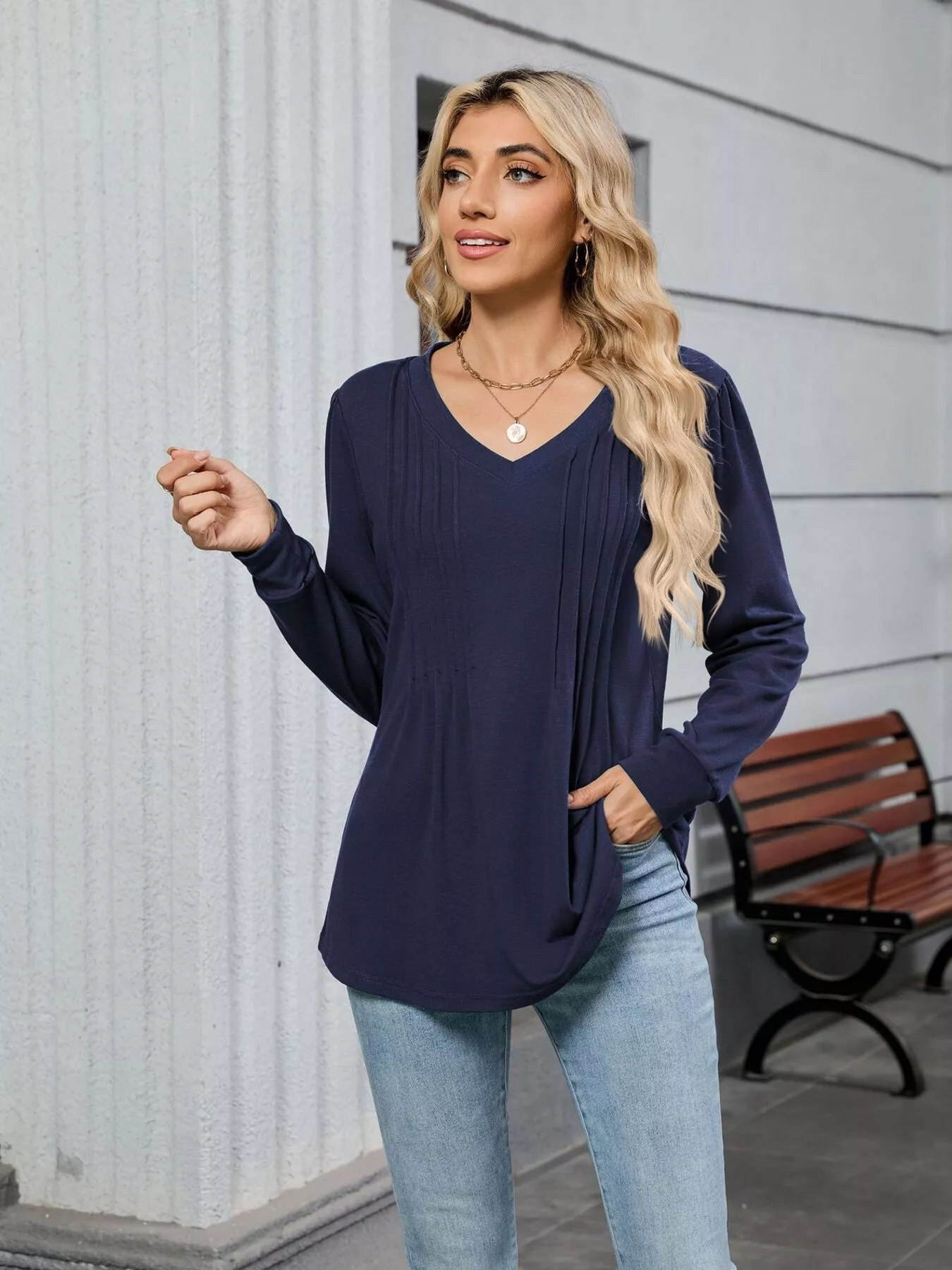 V-Neck Long Sleeve Relaxed Fit T-Shirt - Image 32