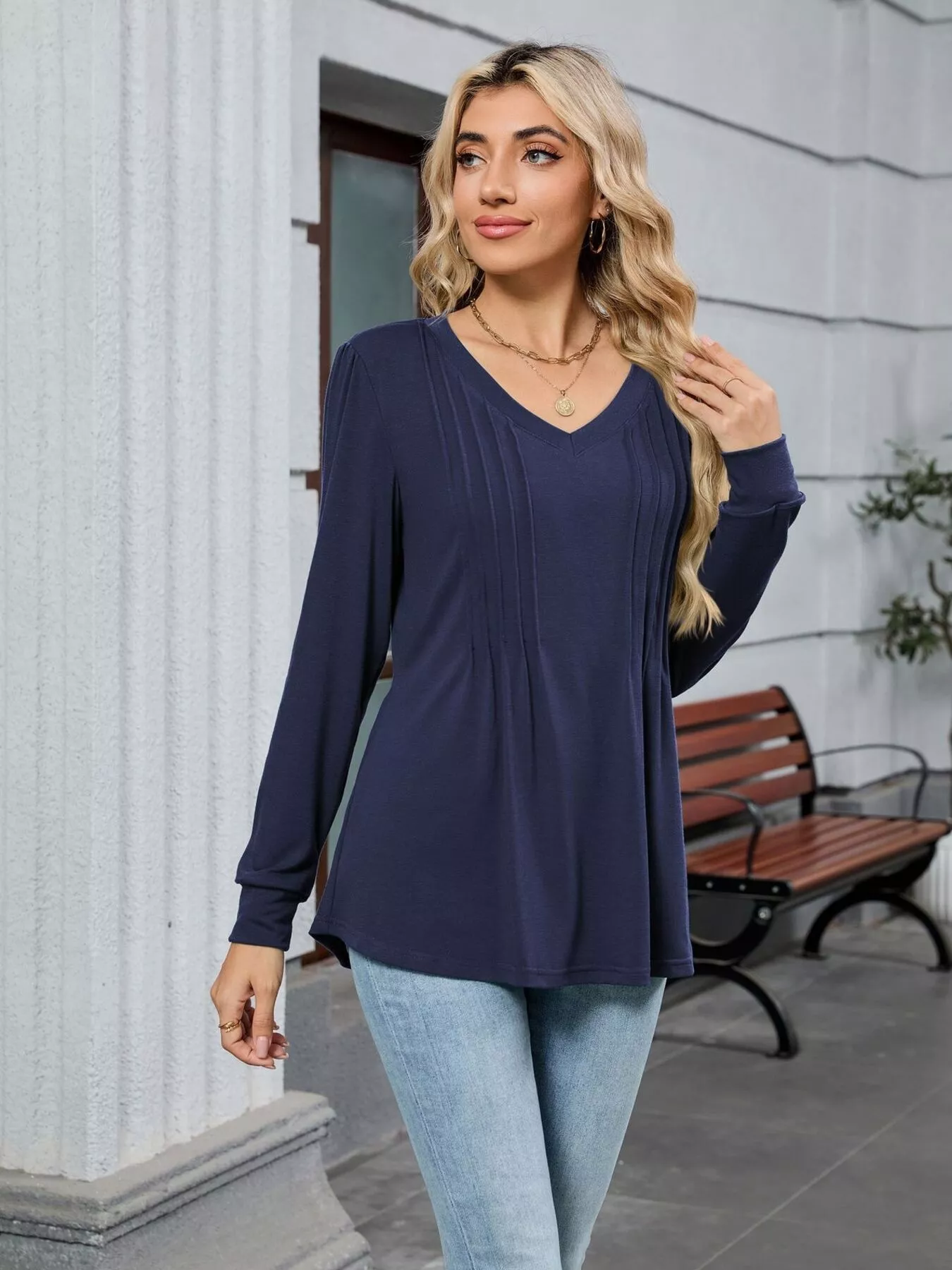 V-Neck Long Sleeve Relaxed Fit T-Shirt - Image 33