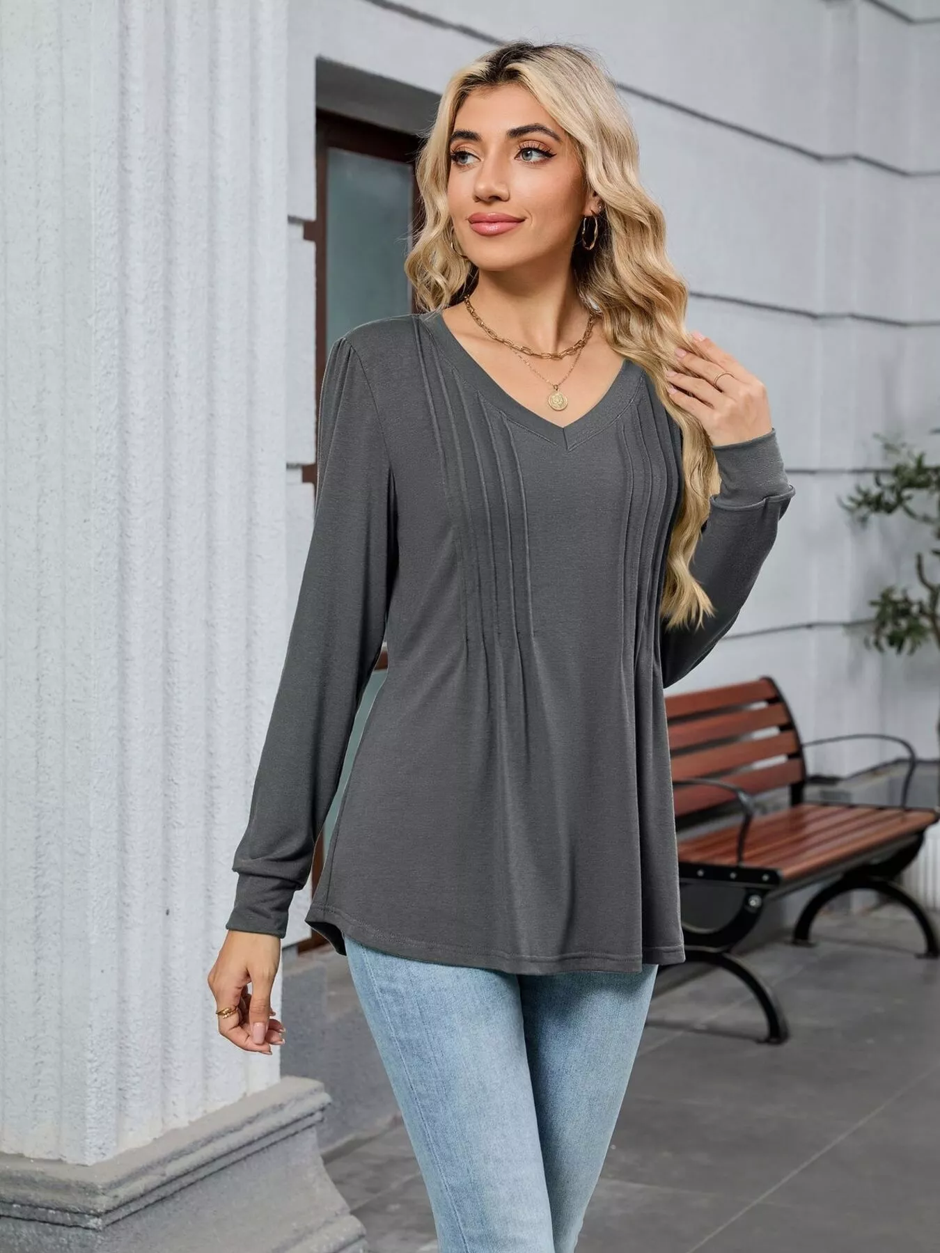 V-Neck Long Sleeve Relaxed Fit T-Shirt - Image 8