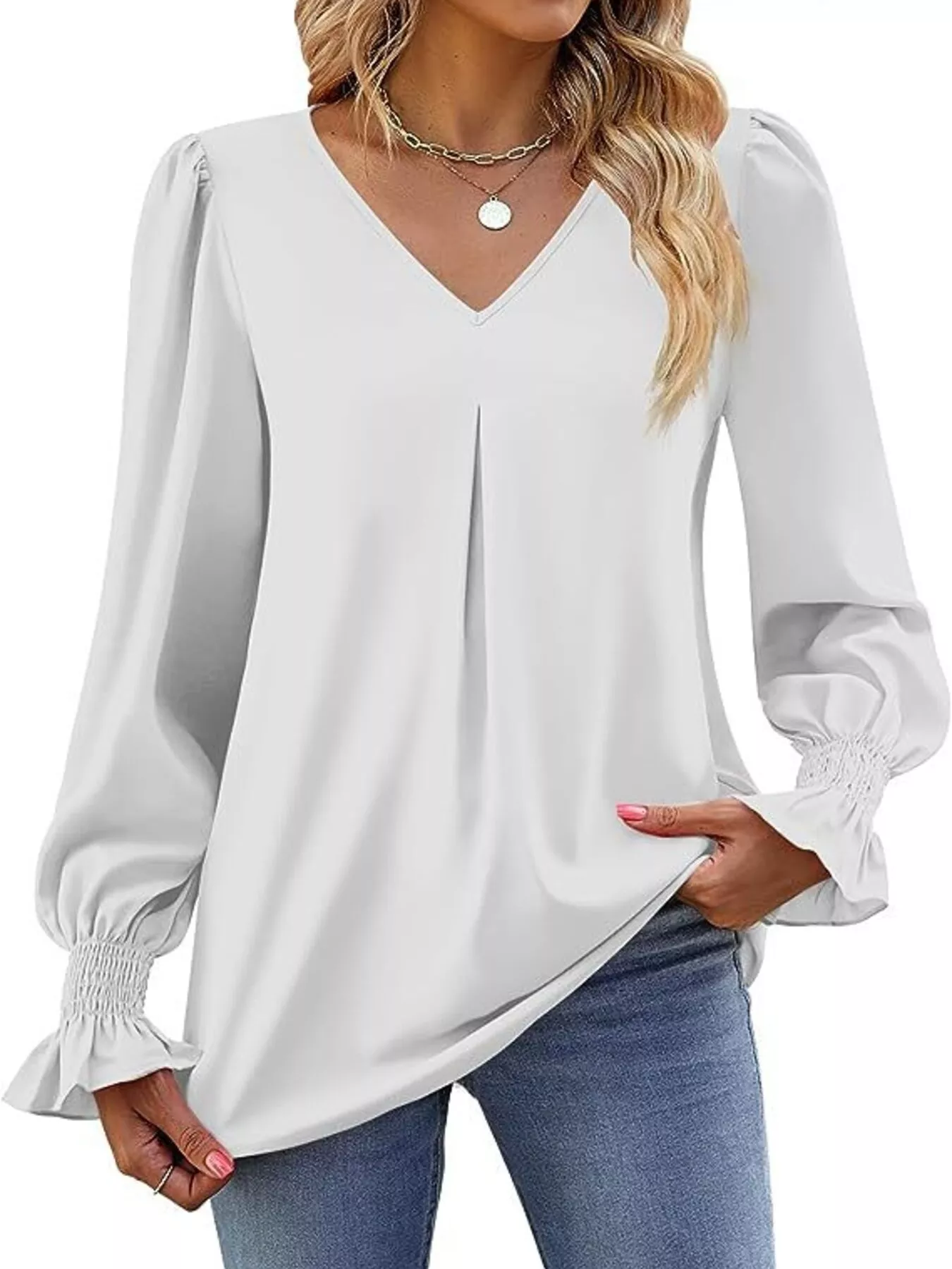 V-Neck Long Sleeve Ruffle Cuff Blouse - Image 13