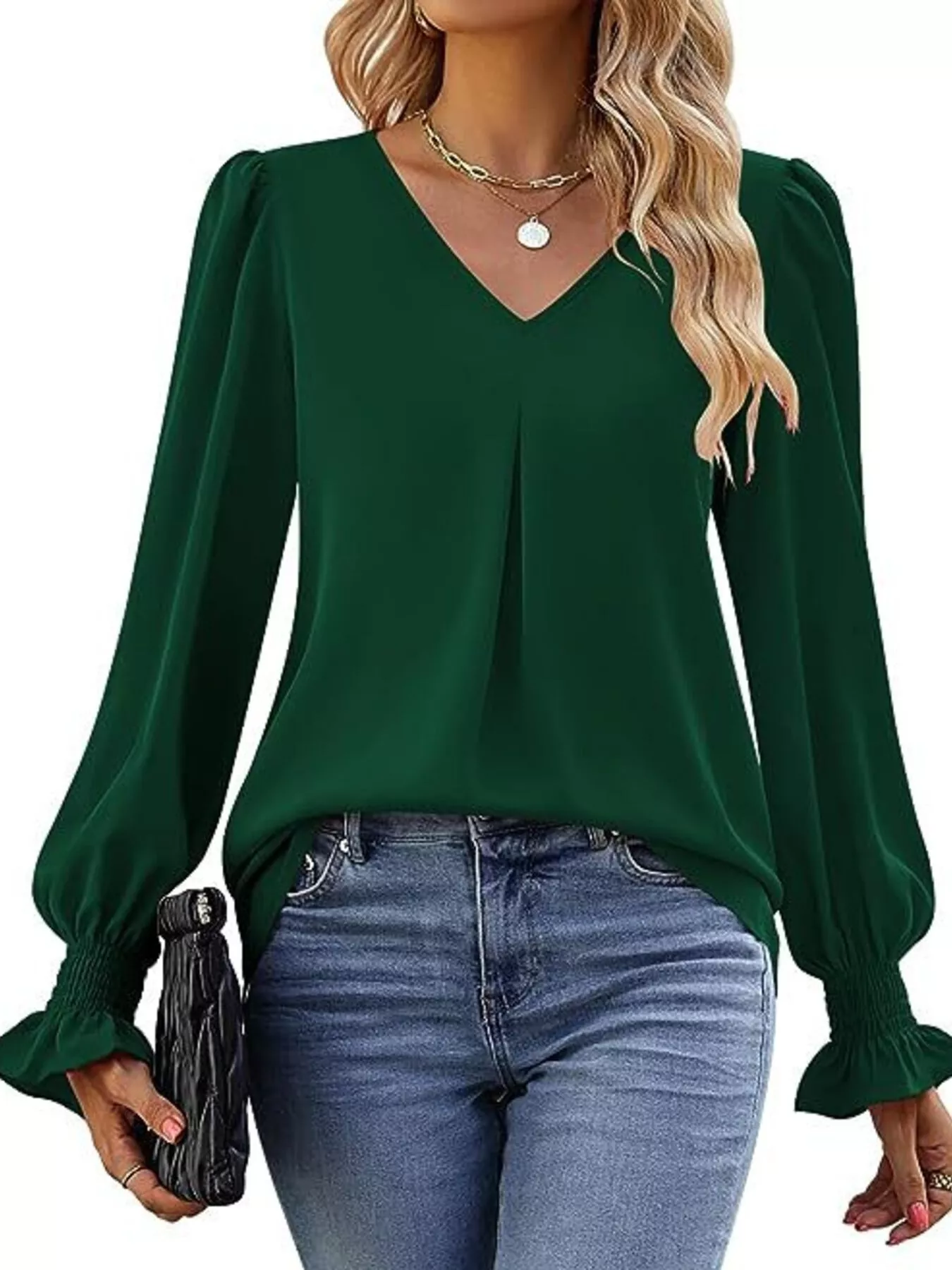 V-Neck Long Sleeve Ruffle Cuff Blouse - Image 21