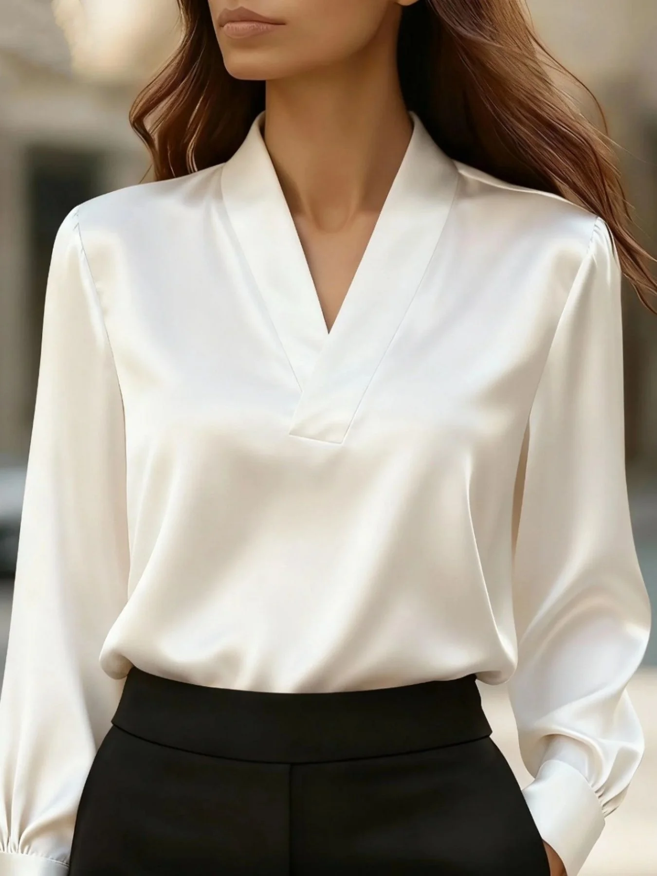 V-Neck Long Sleeve Satin Blouse - Image 5