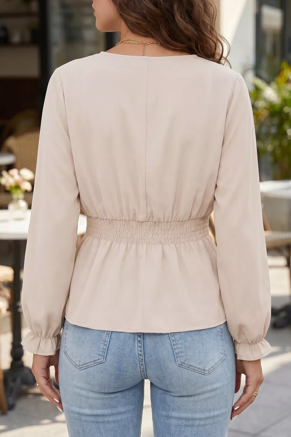 V Neck Long Sleeve Smocked Waist Elegant Blouse - Image 2