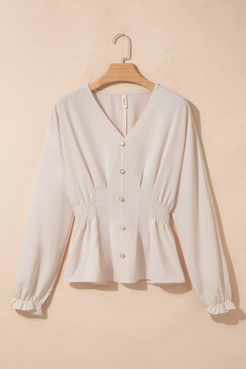 V Neck Long Sleeve Smocked Waist Elegant Blouse - Image 3