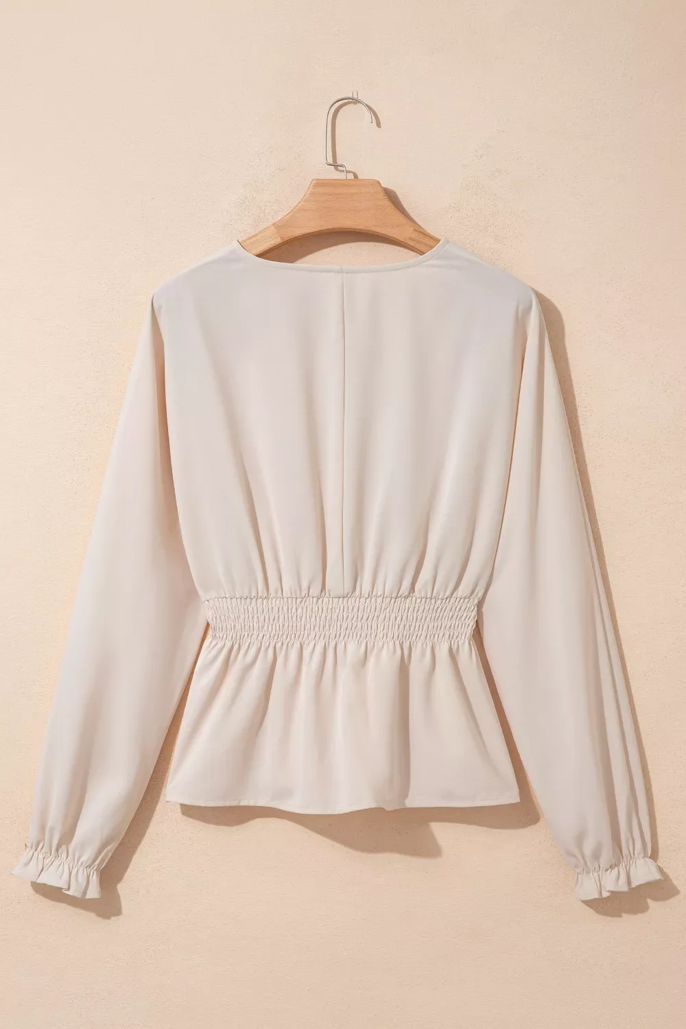 V Neck Long Sleeve Smocked Waist Elegant Blouse - Image 4