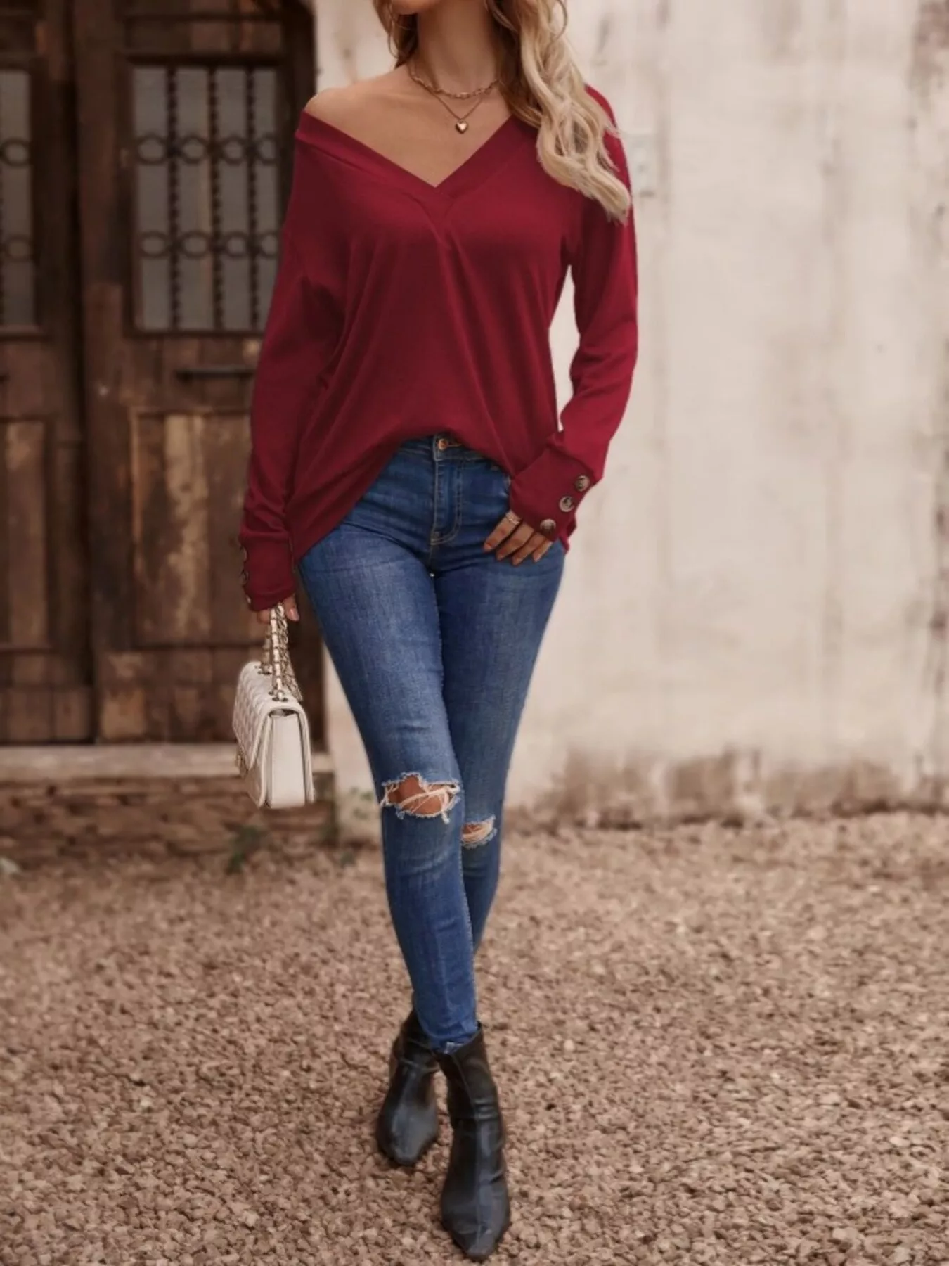 V-Neck Long Sleeve T-Shirt - Image 5