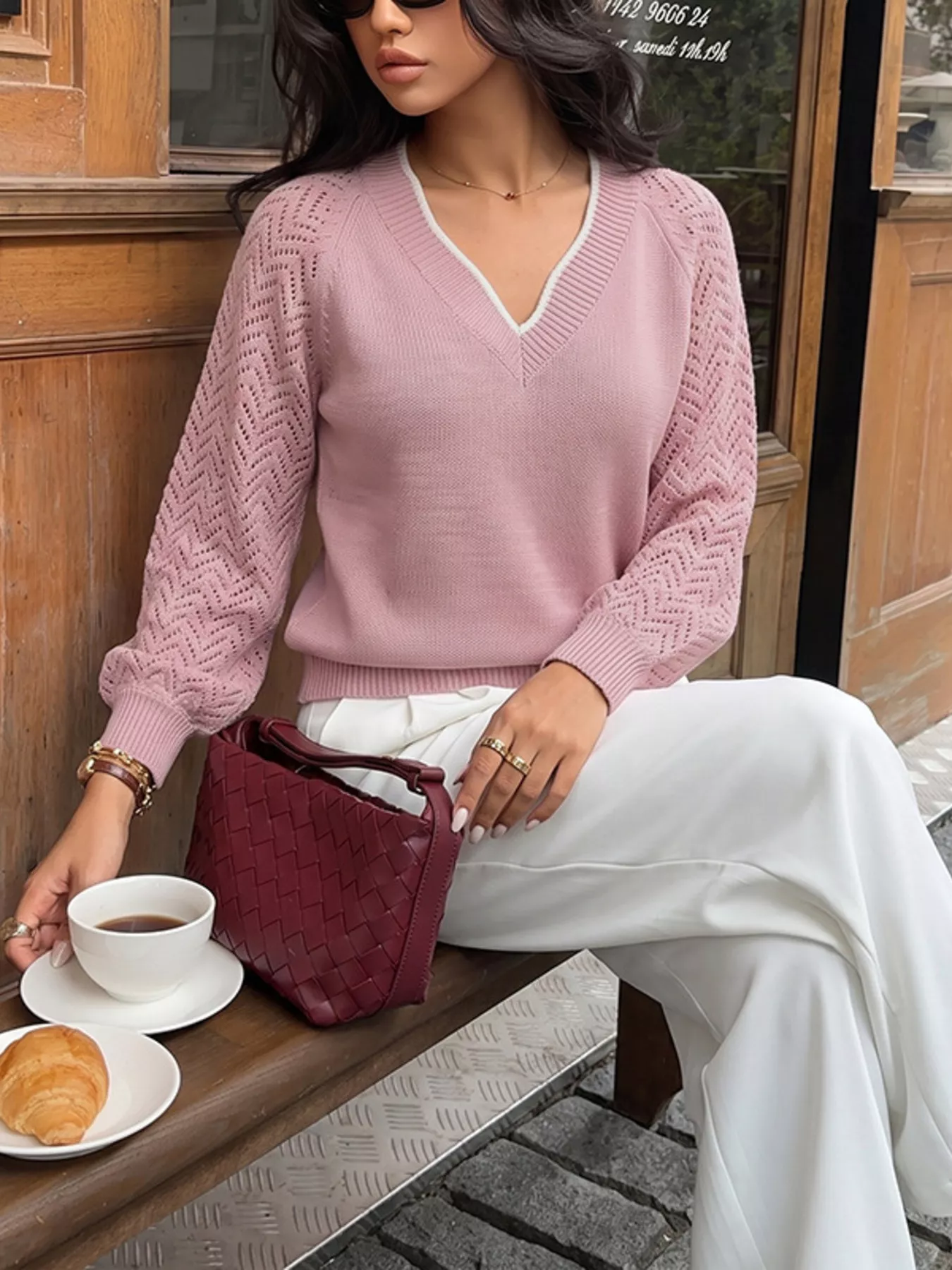 V-Neck Openwork Long Sleeve Sweater