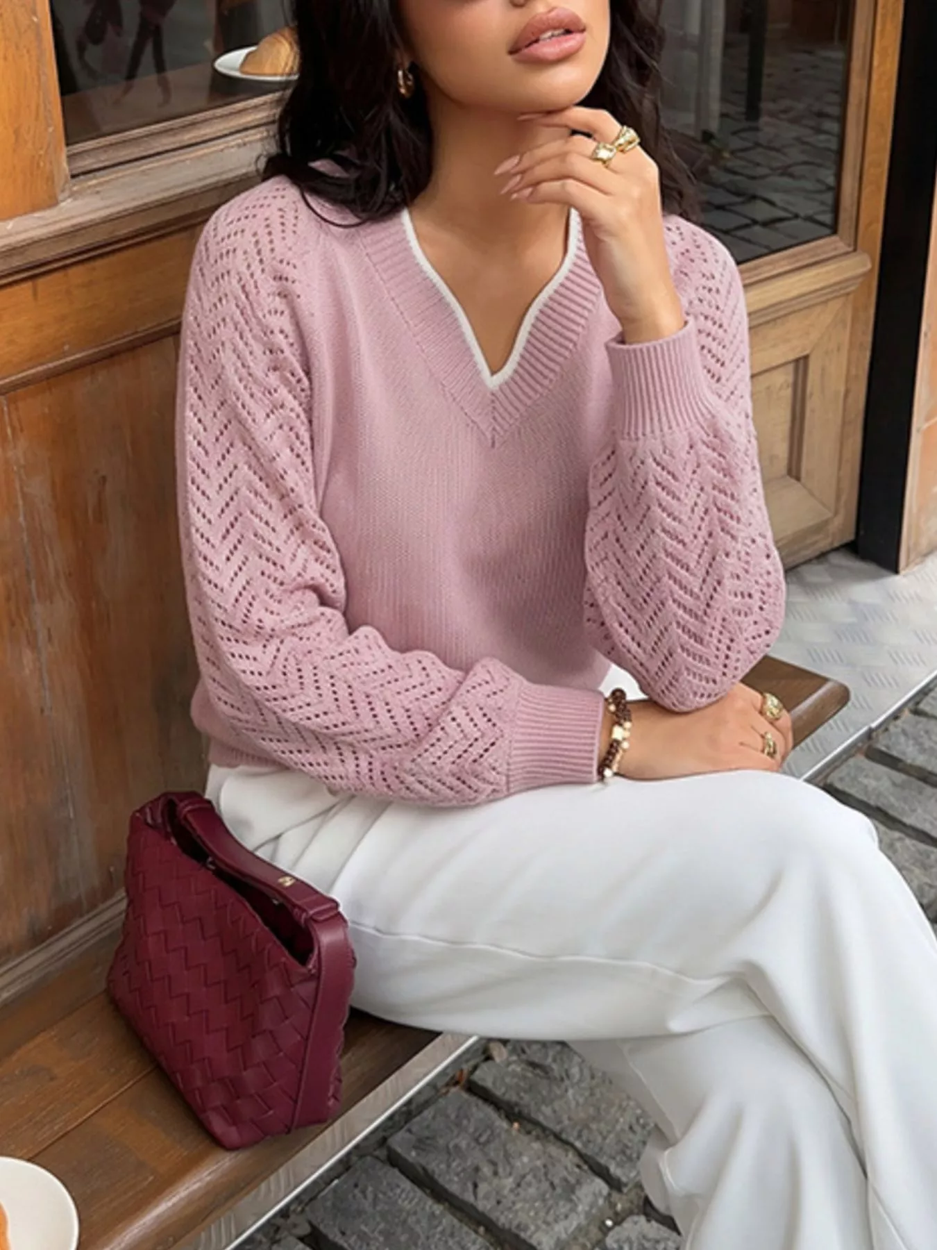 V-Neck Openwork Long Sleeve Sweater - Image 3