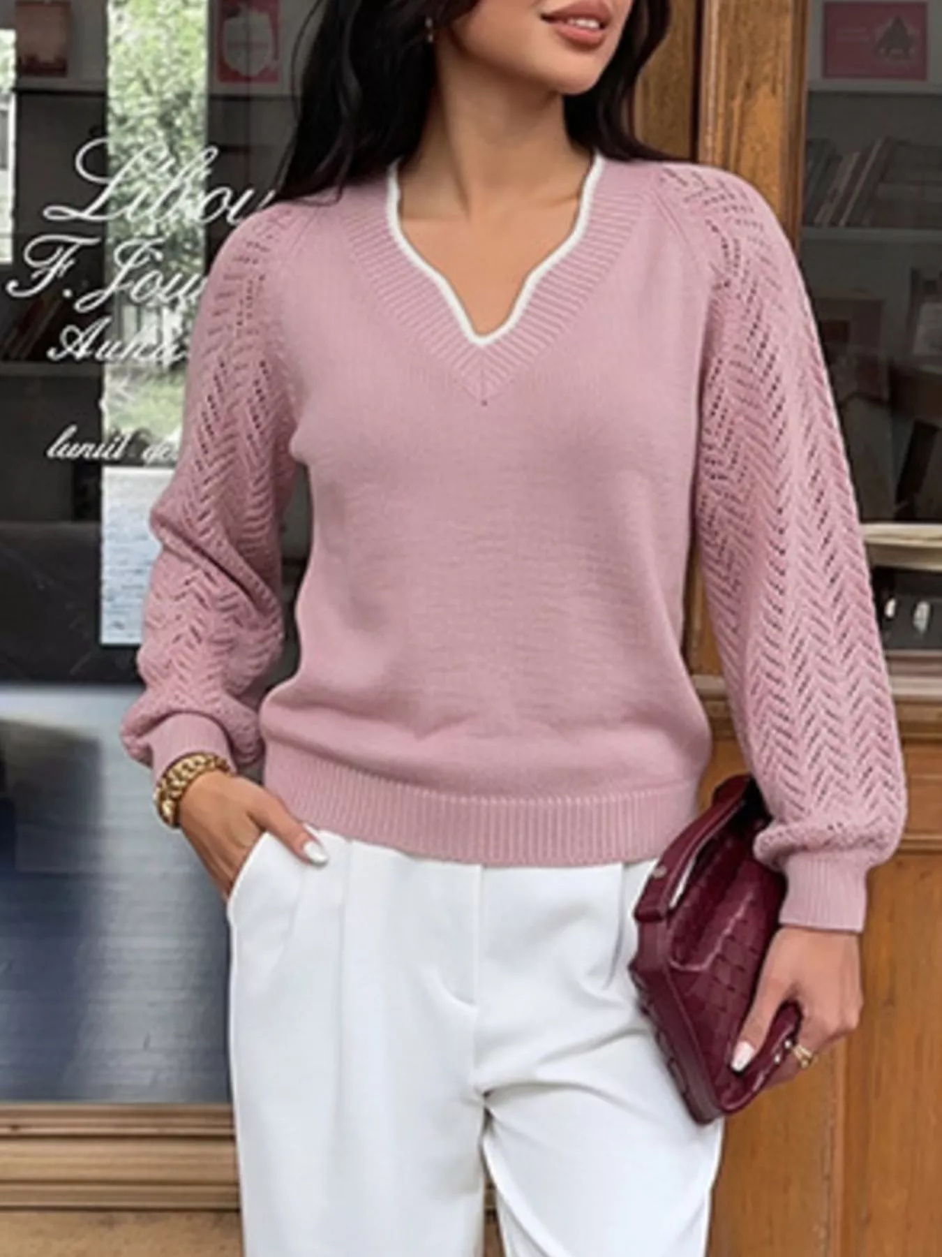 V-Neck Openwork Long Sleeve Sweater - Image 4