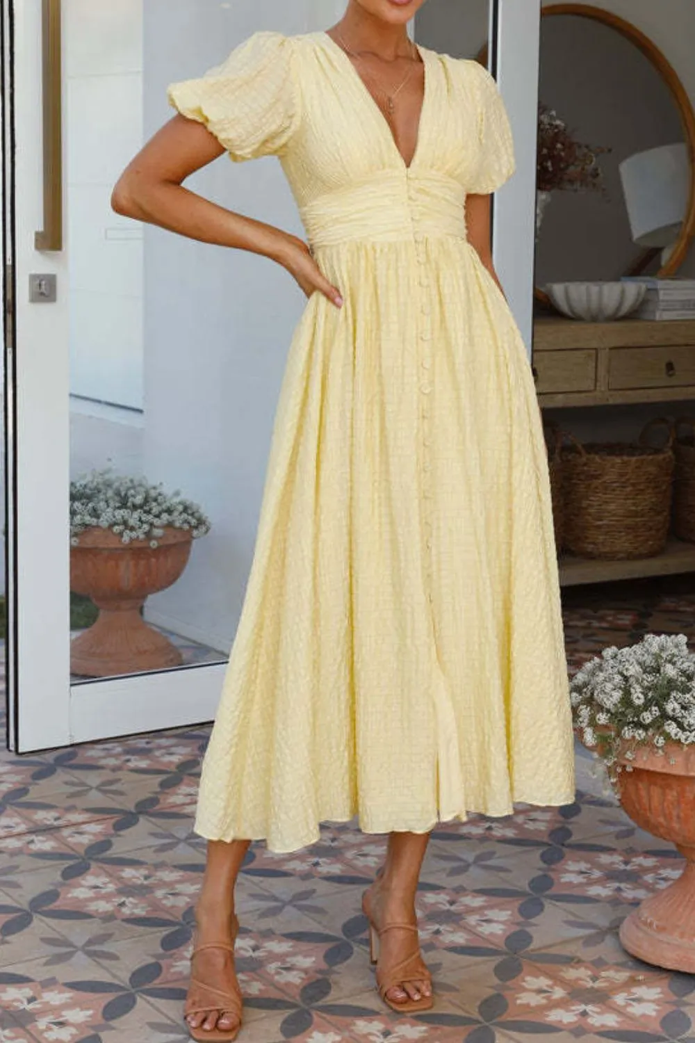 V-Neck Puff Short Sleeve Midi Dress - Image 8
