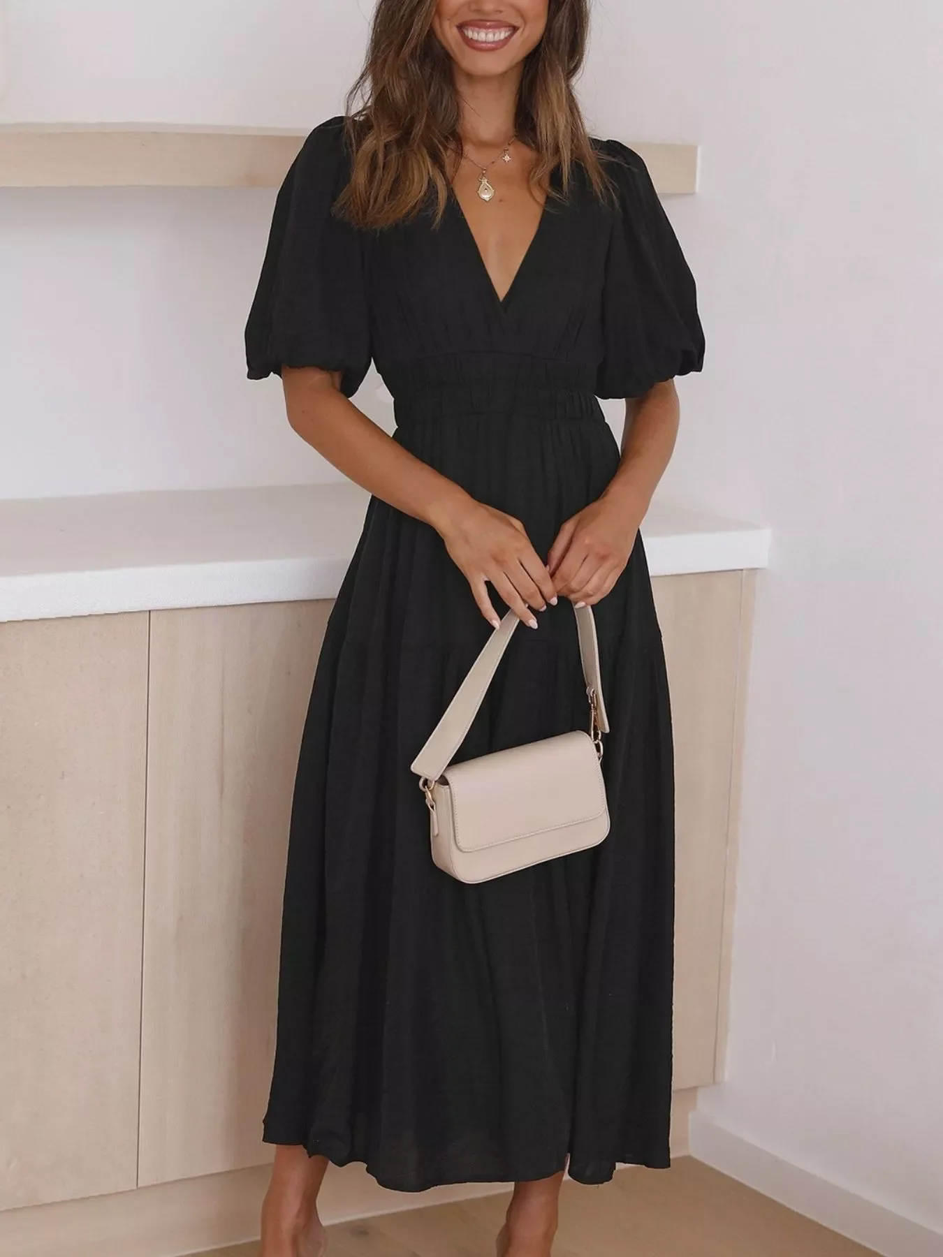 V-Neck Puff Sleeve Midi Dress - Image 12