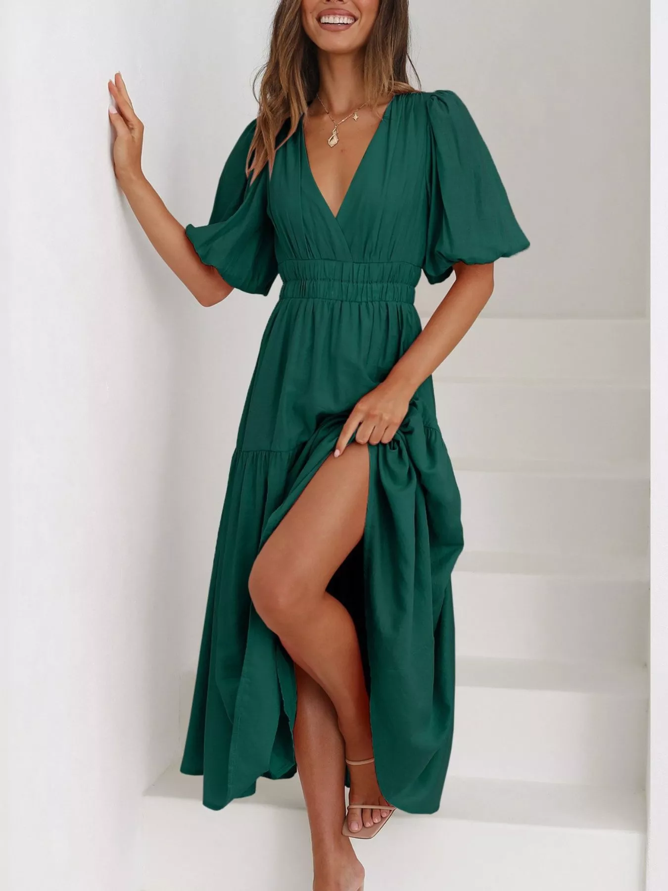 V-Neck Puff Sleeve Midi Dress - Image 24