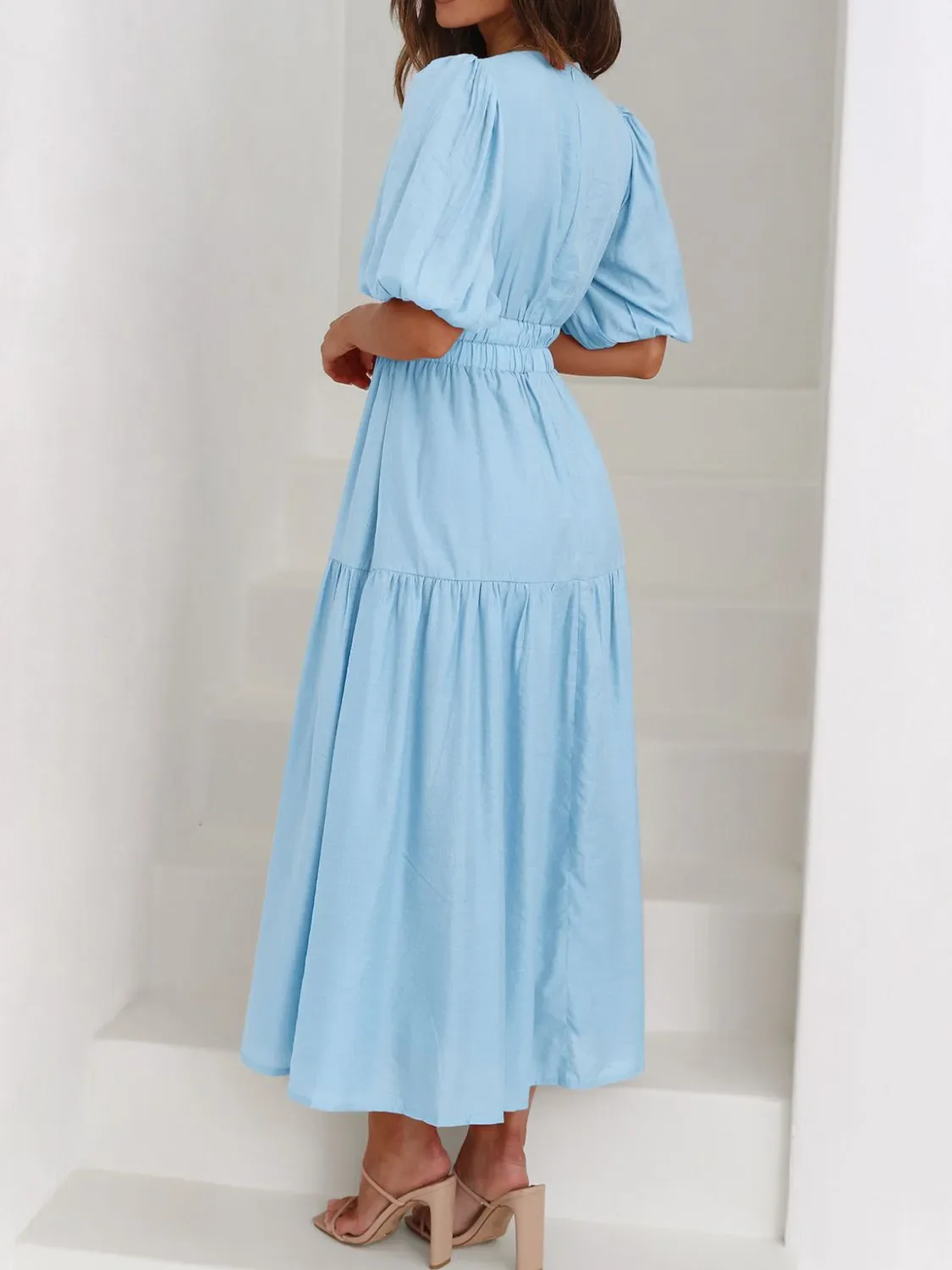 V-Neck Puff Sleeve Midi Dress - Image 3