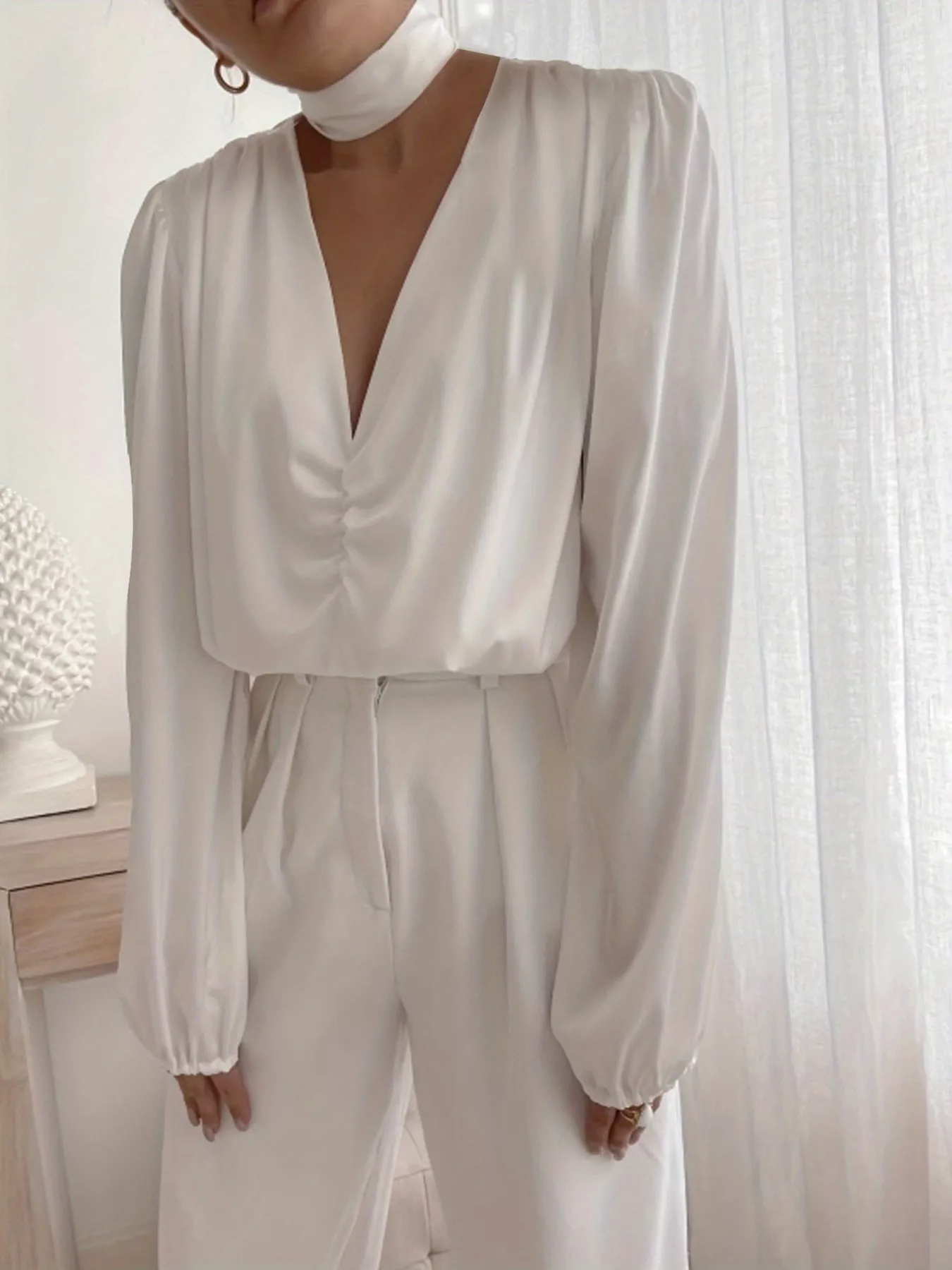 V-Neck Ruched Long Sleeve Blouse - Image 4