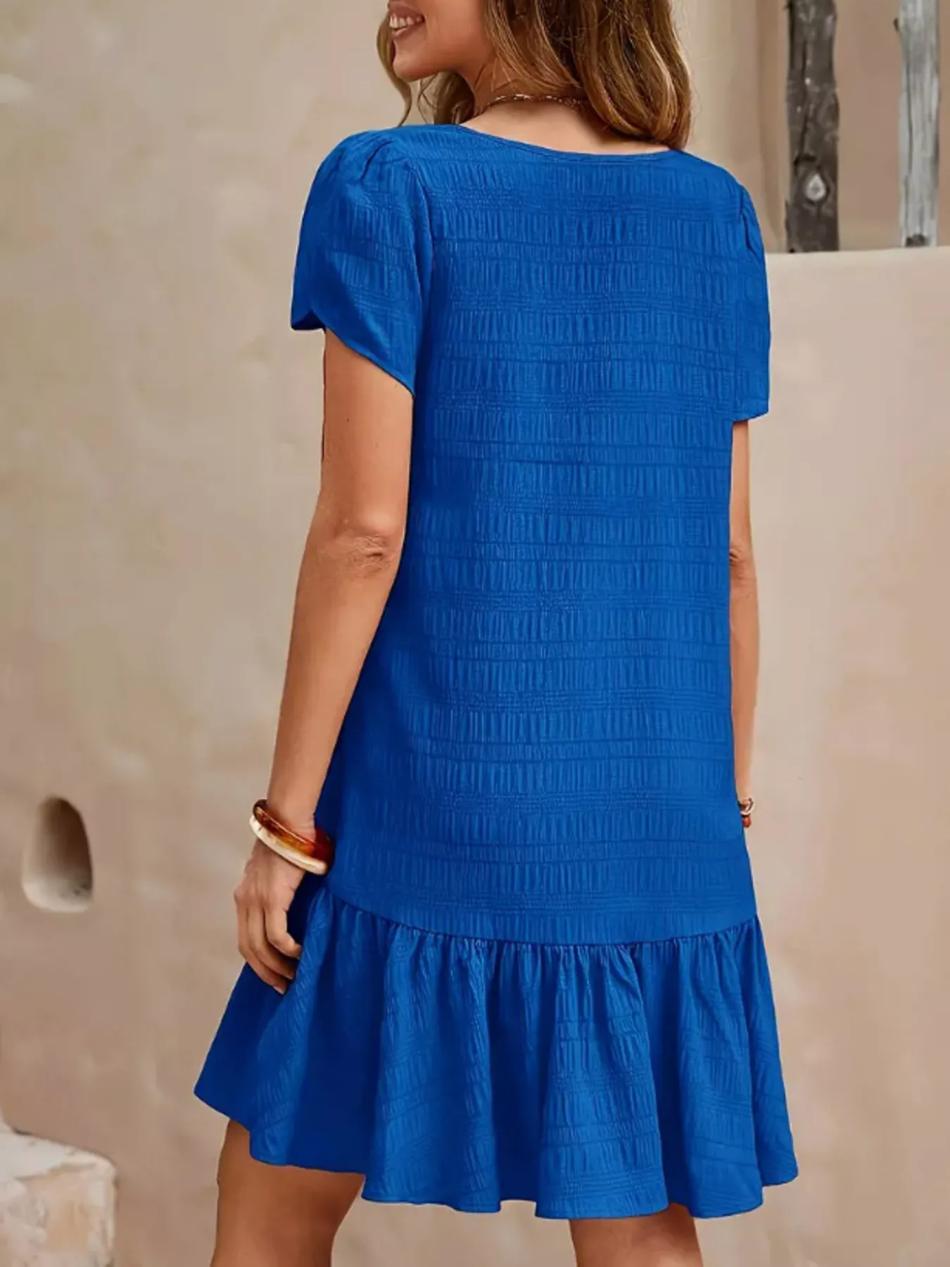 V-Neck Ruffle Hem Textured Mini Dress - Image 5