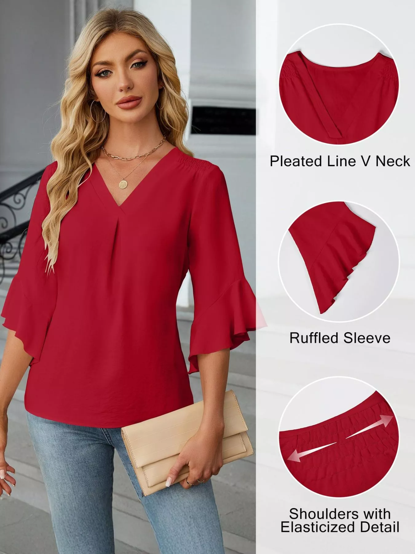 V-Neck Ruffle Sleeve Blouse - Image 14