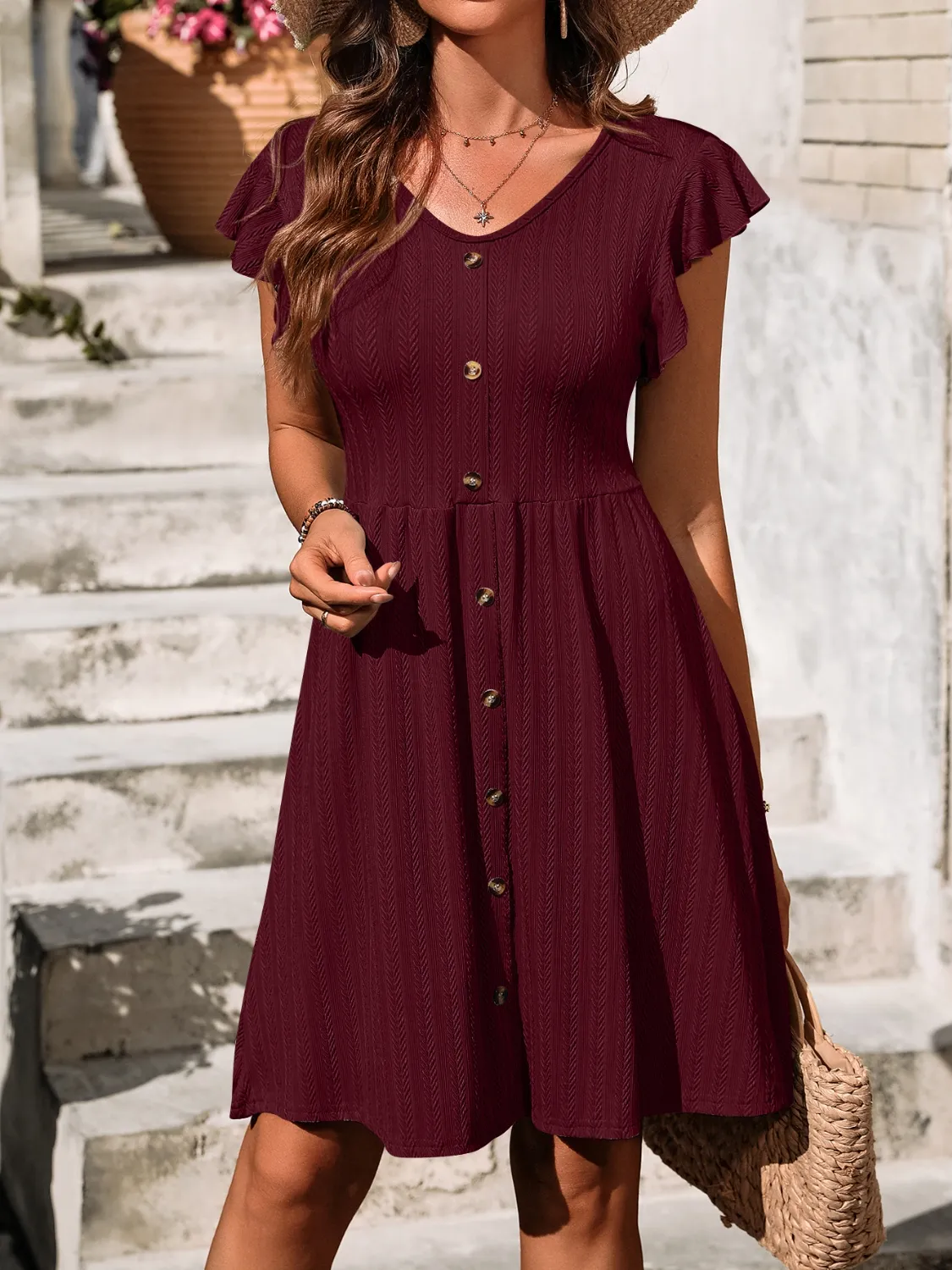 V-Neck Ruffled Cap Sleeve Dress - Image 21