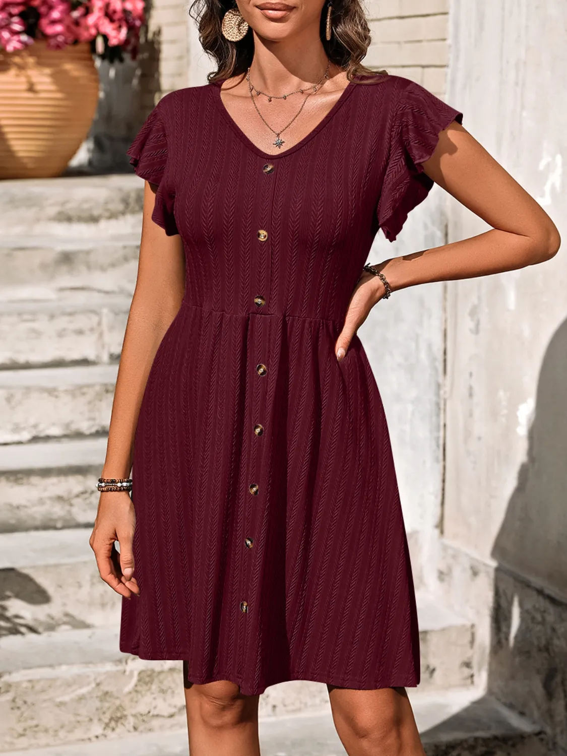 V-Neck Ruffled Cap Sleeve Dress - Image 24